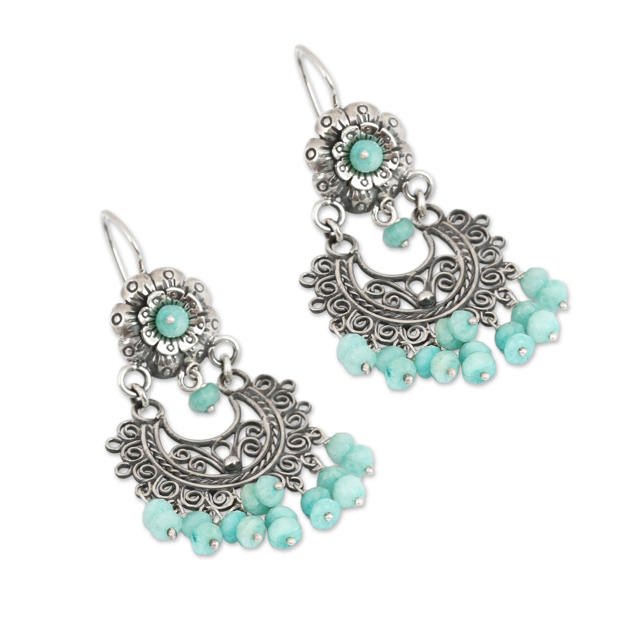 Premium Floral Amazonite Chandelier Earrings - Handcrafted in Mexico