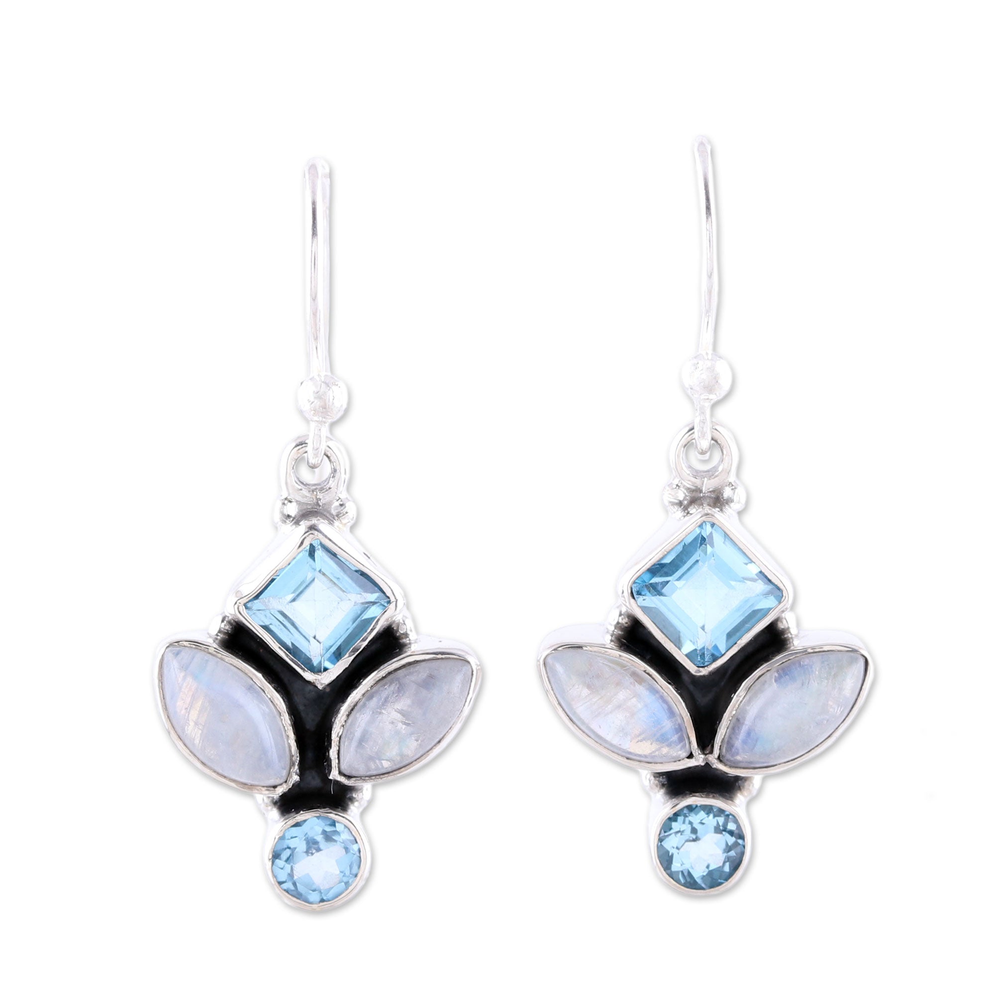 Premium Glitzy Blue Topaz & Rainbow Moonstone Dangle Earrings - Handcrafted in India