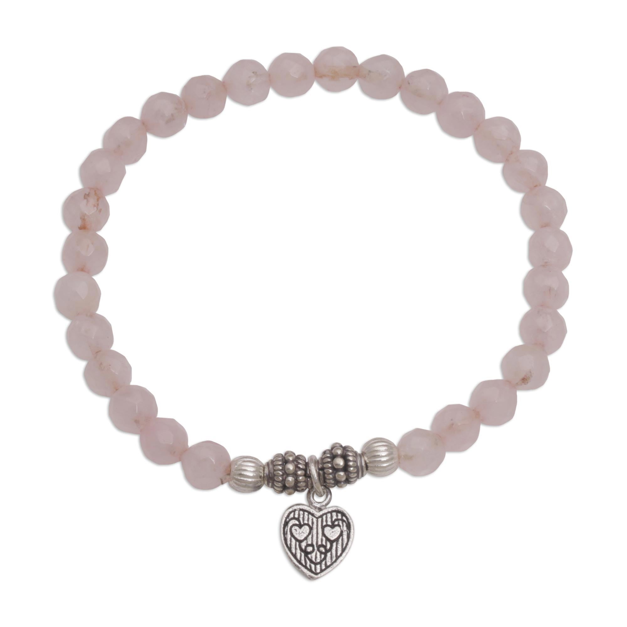 Premium Rose Quartz Heart Charm Bracelet - Handcrafted in Bali