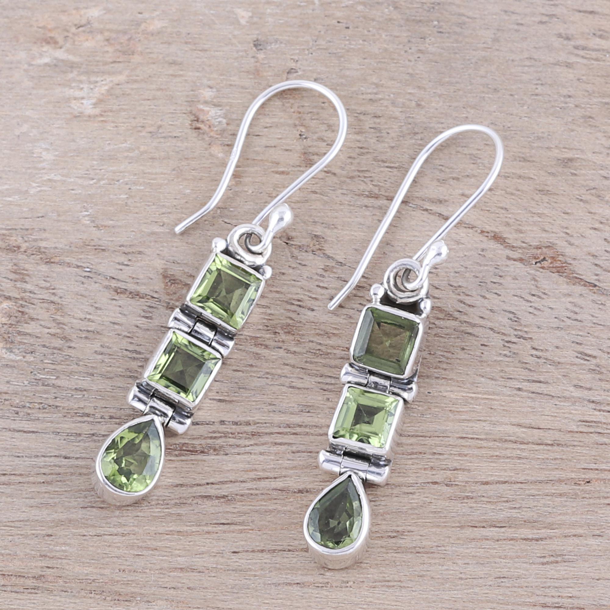 Premium 3.8-Carat Natural Peridot Dangle Earrings - Handcrafted Sterling Silver Jewelry from India