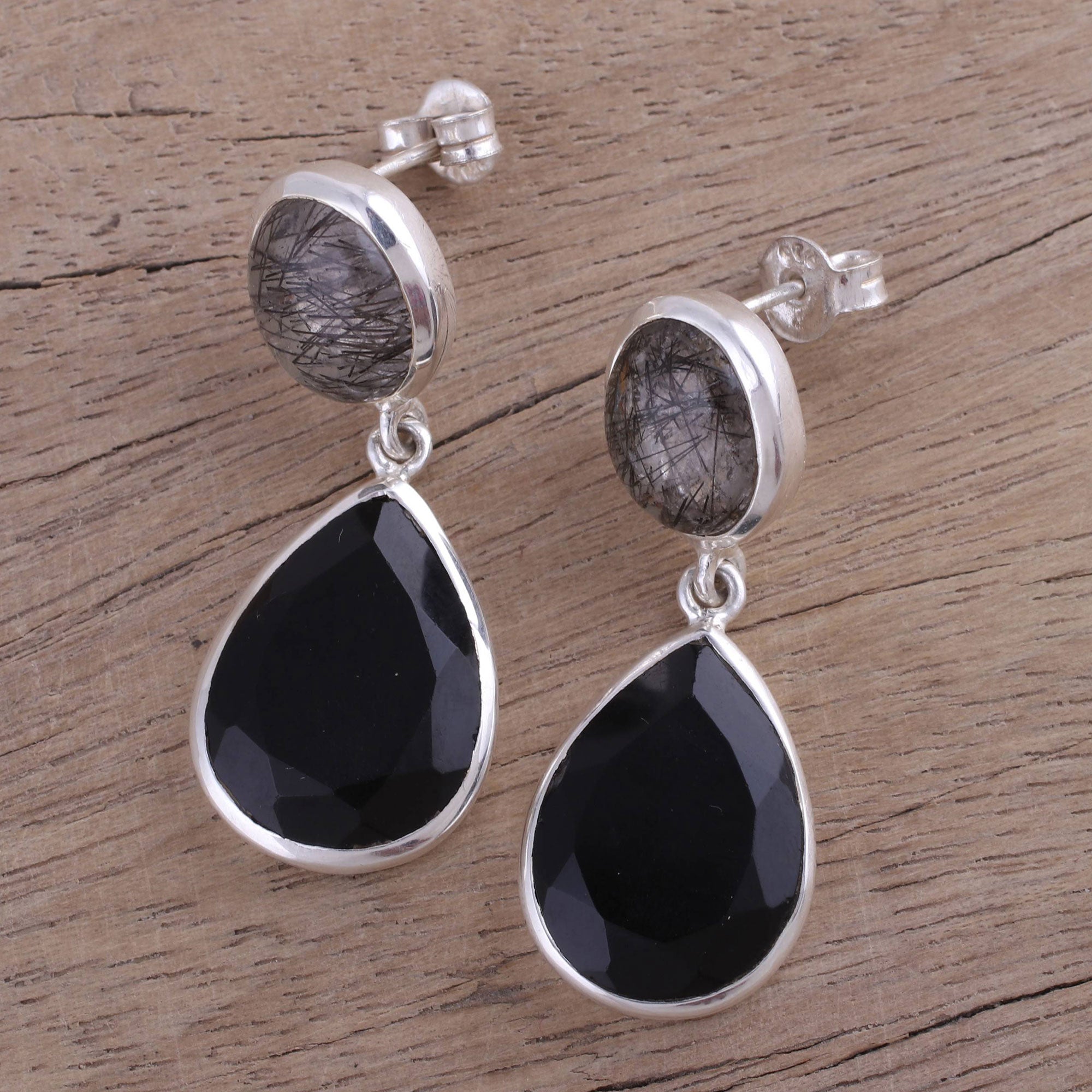 Premium Alluring Onyx & Tourmalinated Quartz Dangle Earrings