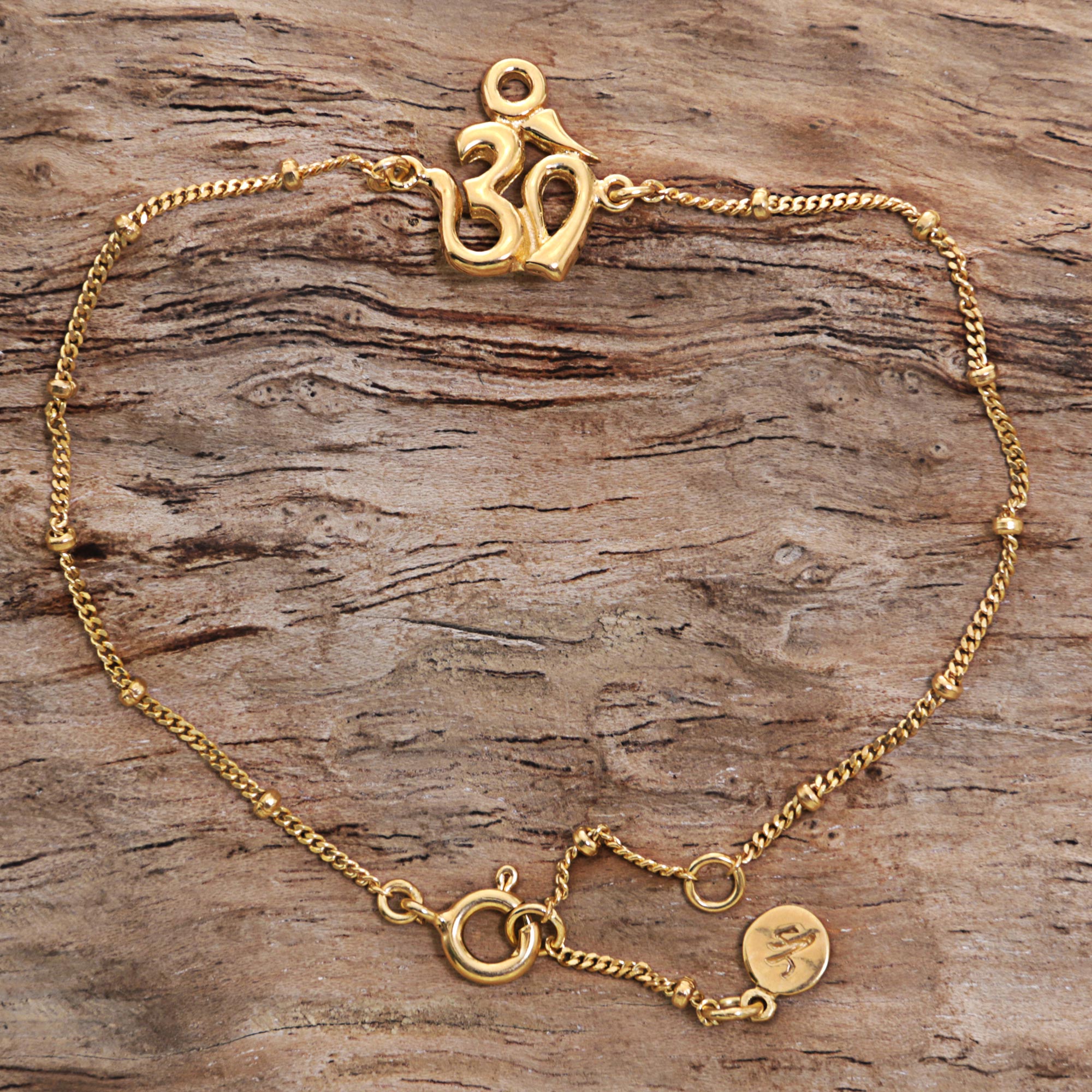 Premium Gold Om Pendant Bracelet - Handcrafted Sterling Silver with Balinese Design