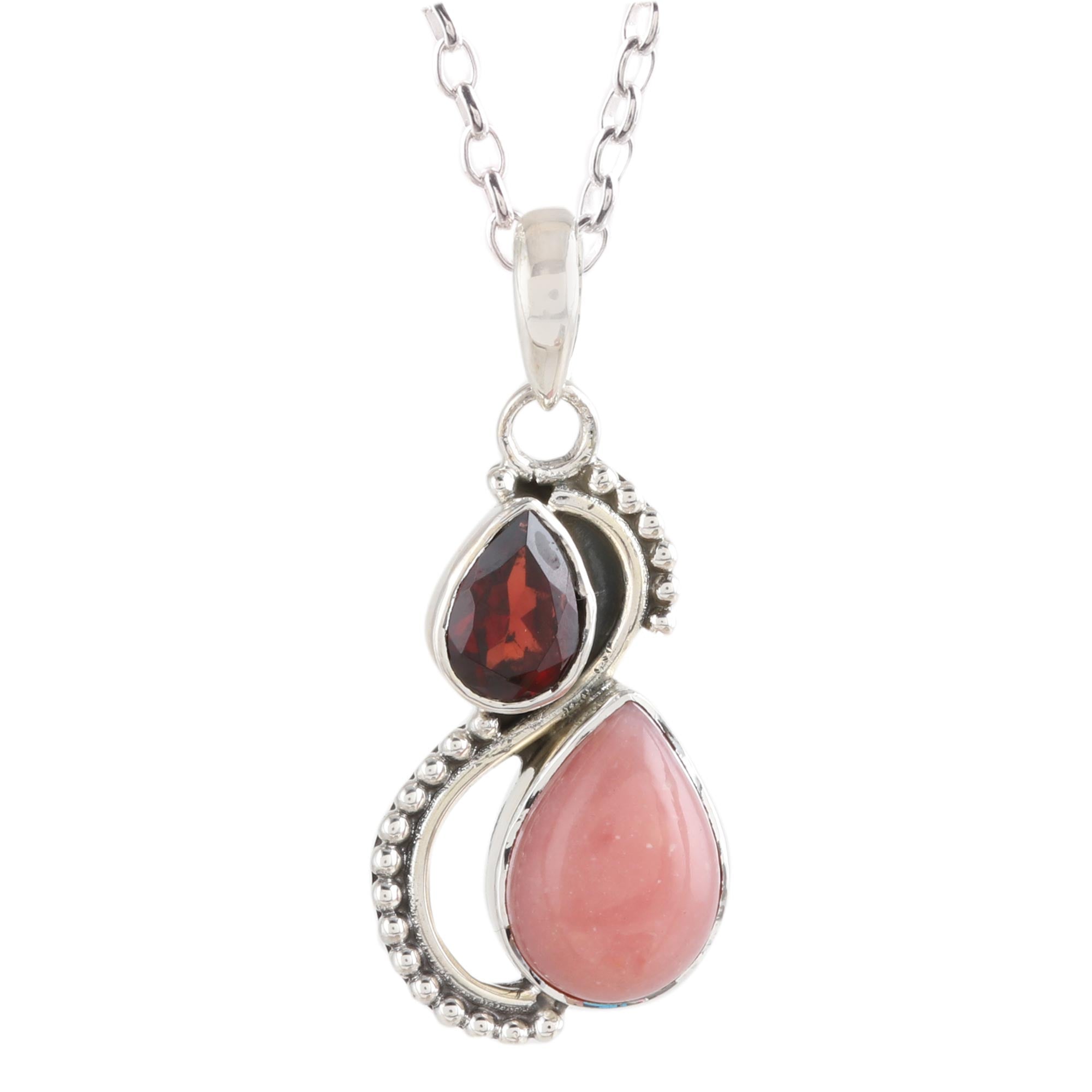 Premium Teardrop Garnet & Opal Pendant Necklace - Handcrafted Sterling Silver Jewelry from India