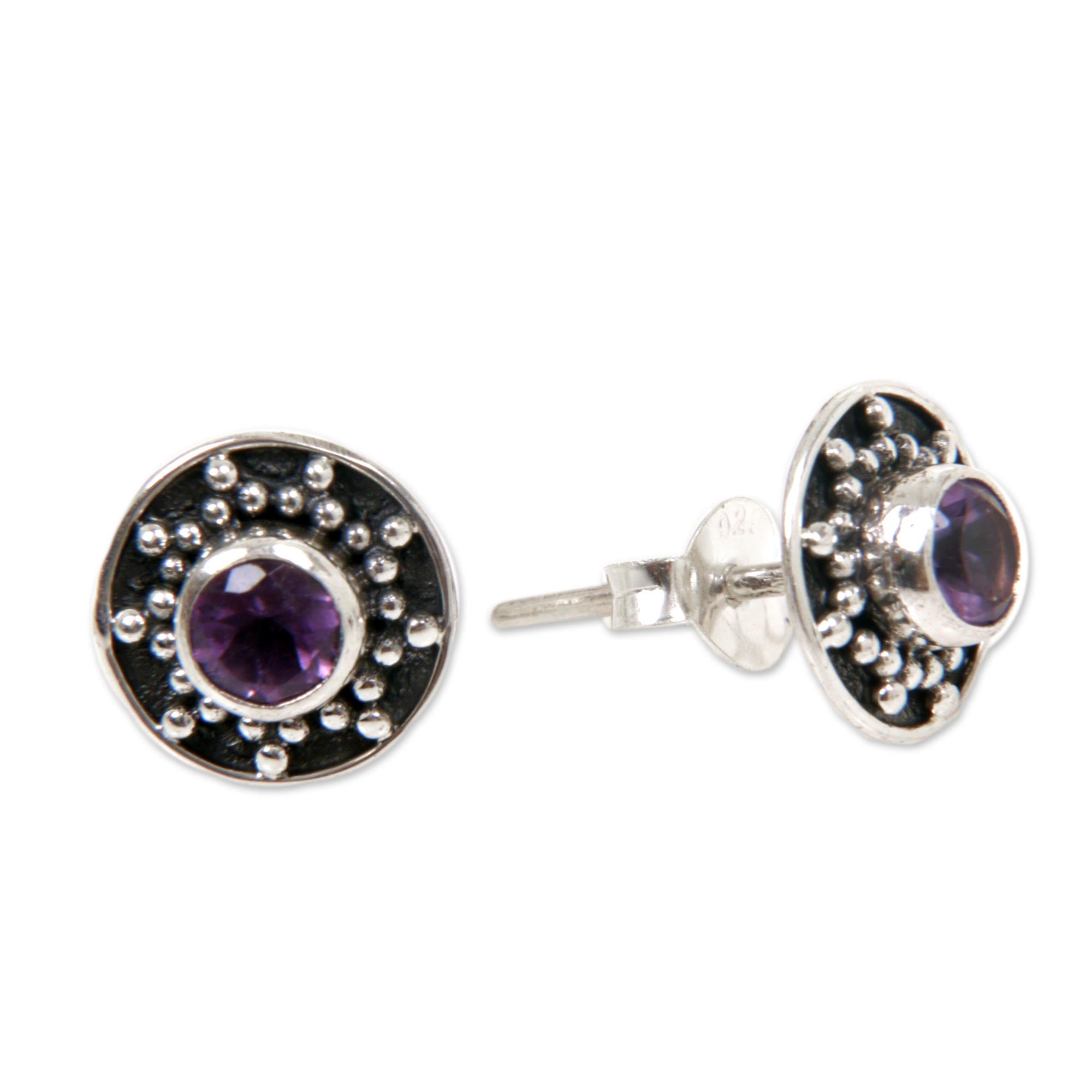 Premium Winter Halo Amethyst Sterling Silver Stud Earrings – Handcrafted in Bali