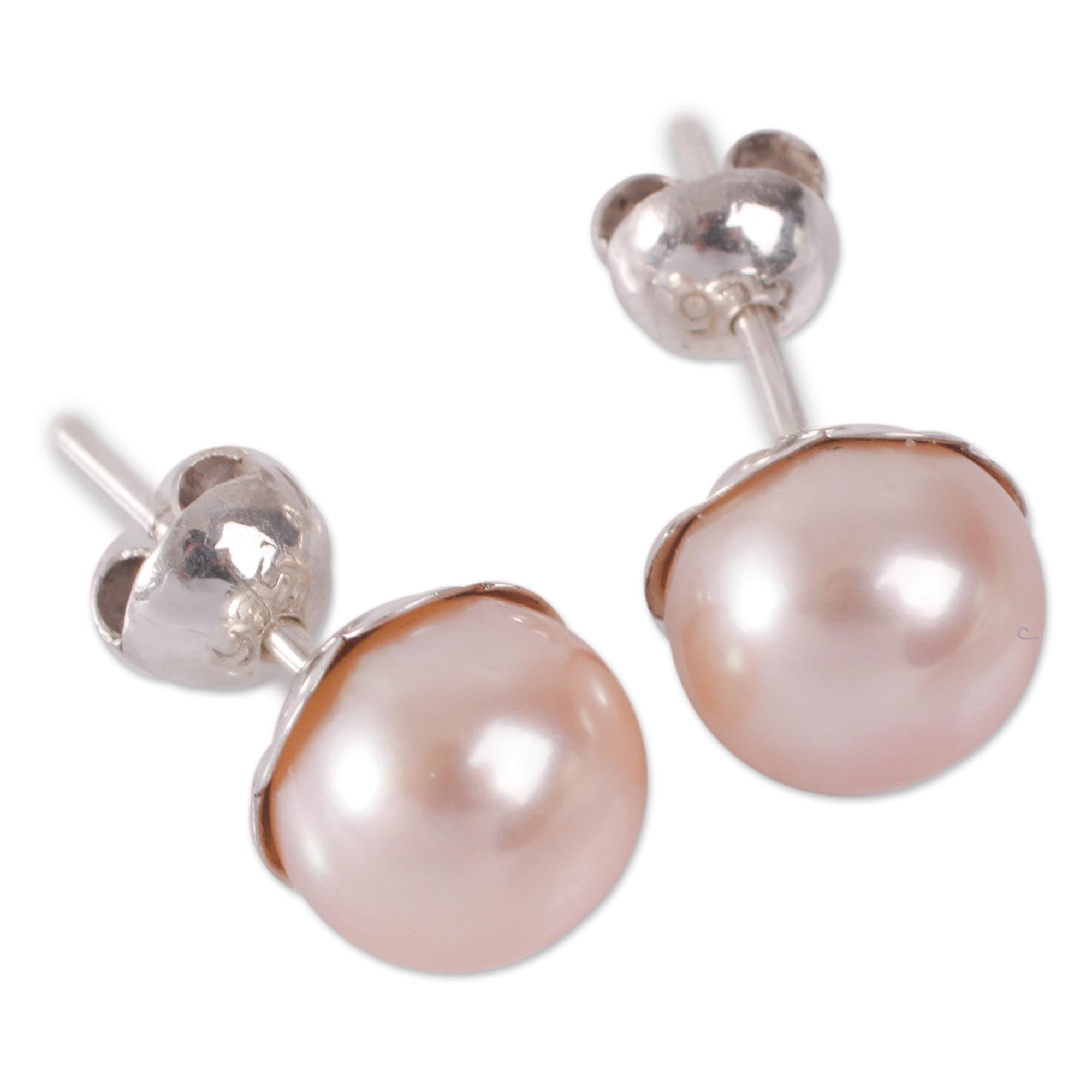 Premium Pink Cultured Pearl Stud Earrings - Handcrafted Floral Design in Sterling Silver