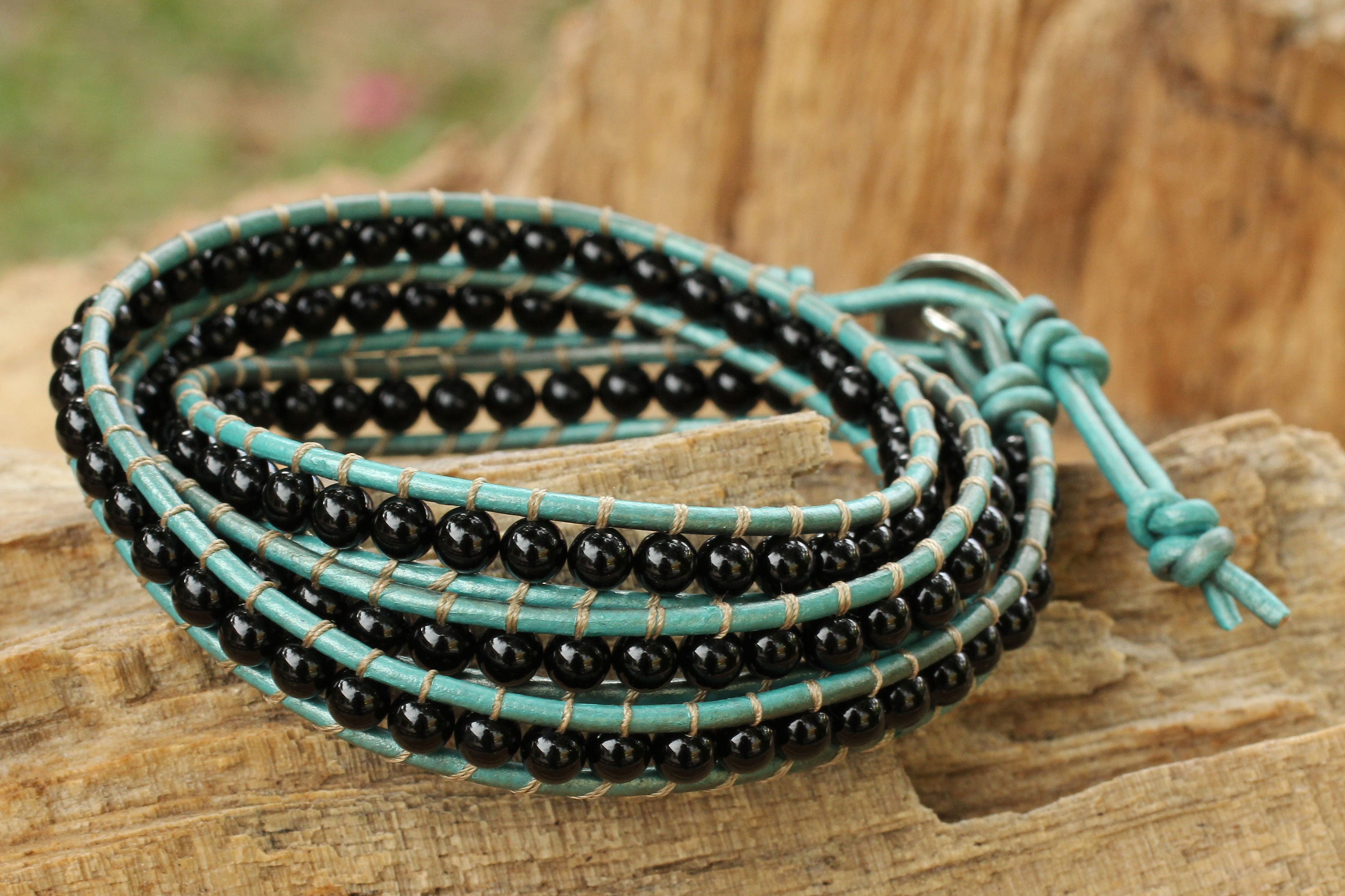 Premium Onyx & Leather Wrap Bracelet – Handcrafted by Thai Artisans