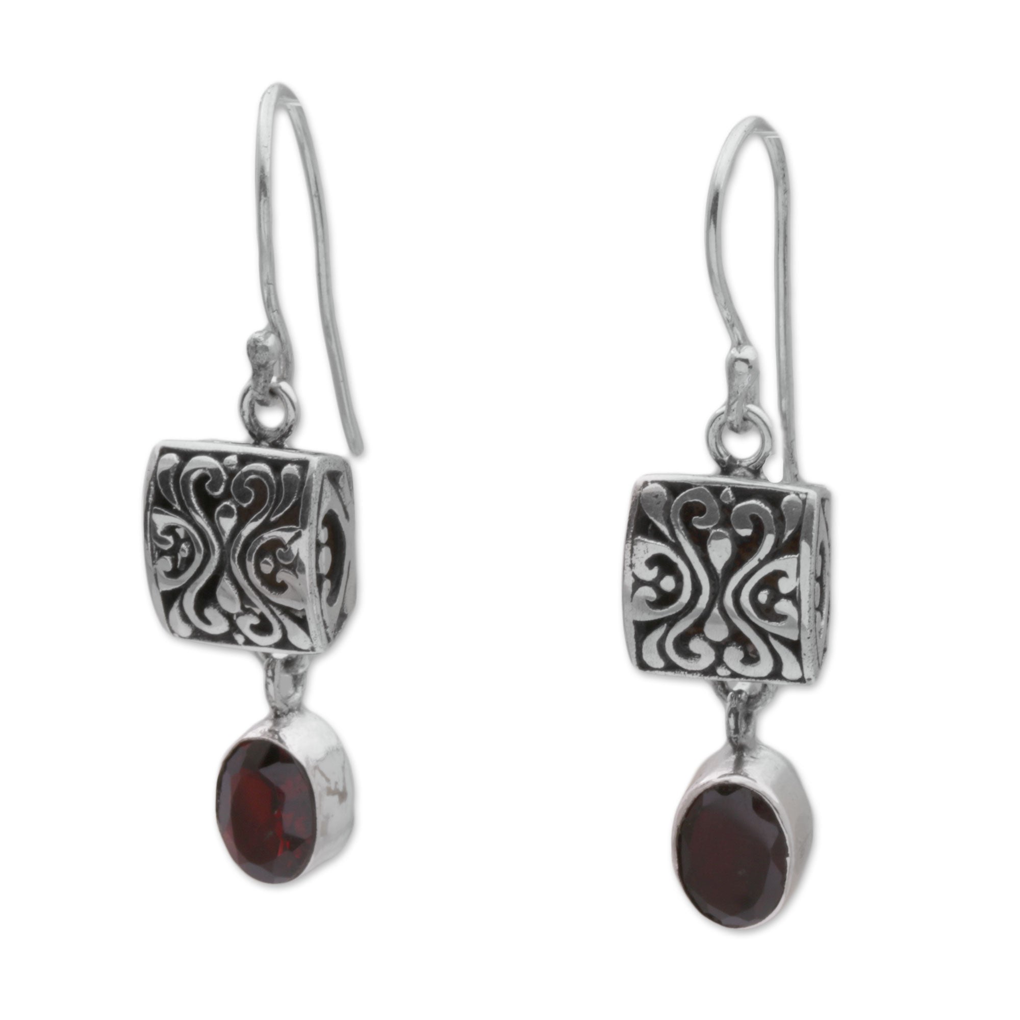 Premium Red Horizon Sterling Silver & Garnet Dangle Earrings - Handcrafted in Bali