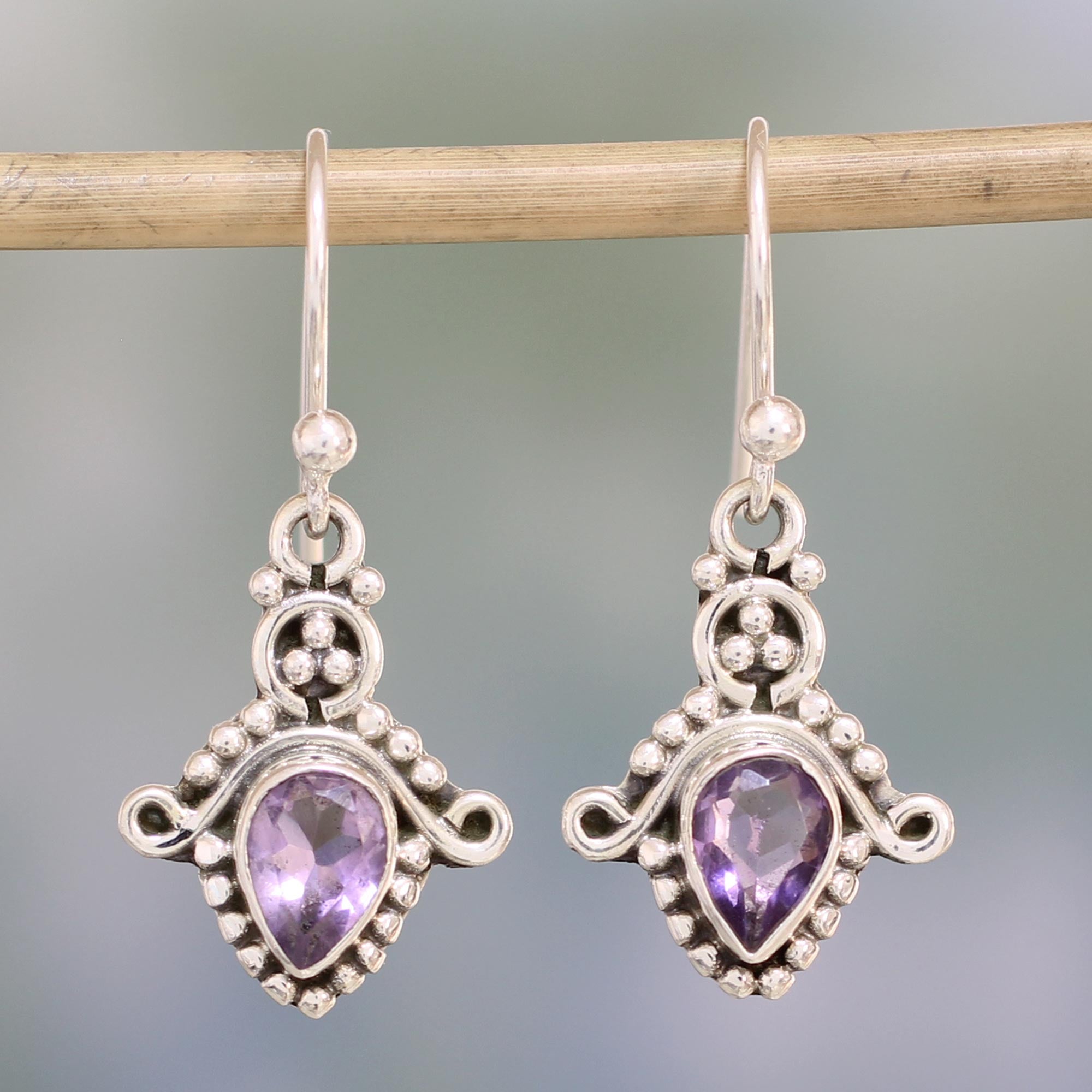 Premium Dotted Delight Amethyst Teardrop Earrings - Handcrafted Sterling Silver Jewelry