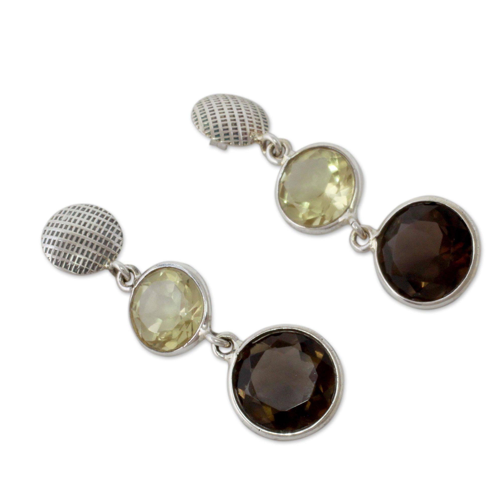 Premium Sterling Silver Faceted Lemon & Smoky Quartz Dangle Earrings