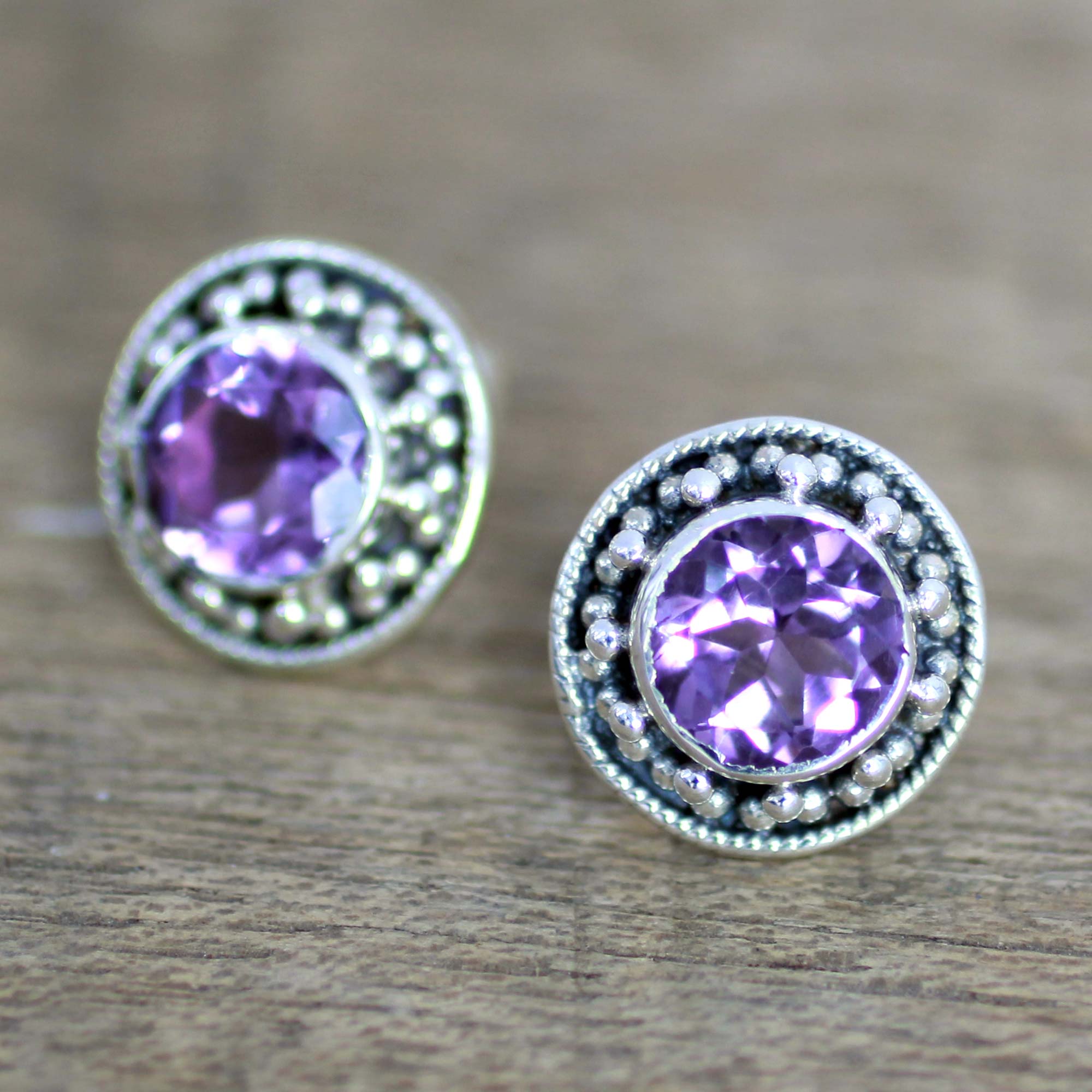 Premium Indian Elegance: Handcrafted Purple Amethyst Button Earrings