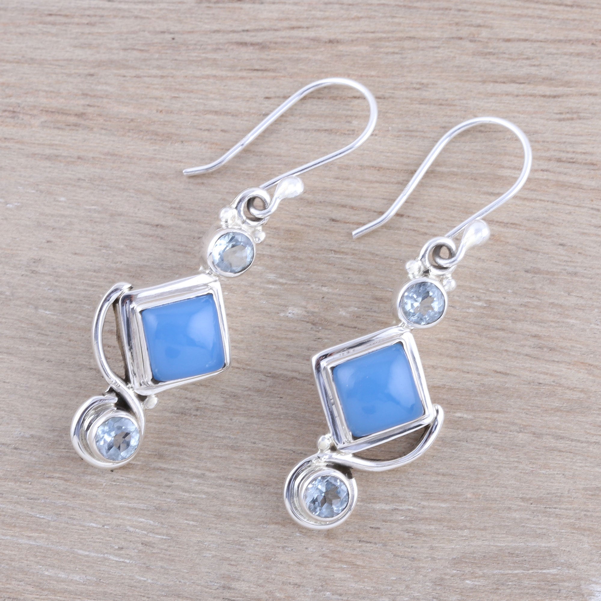 Premium Ocean-Inspired Blue Topaz & Chalcedony Dangle Earrings - Handmade Sterling Silver Jewelry