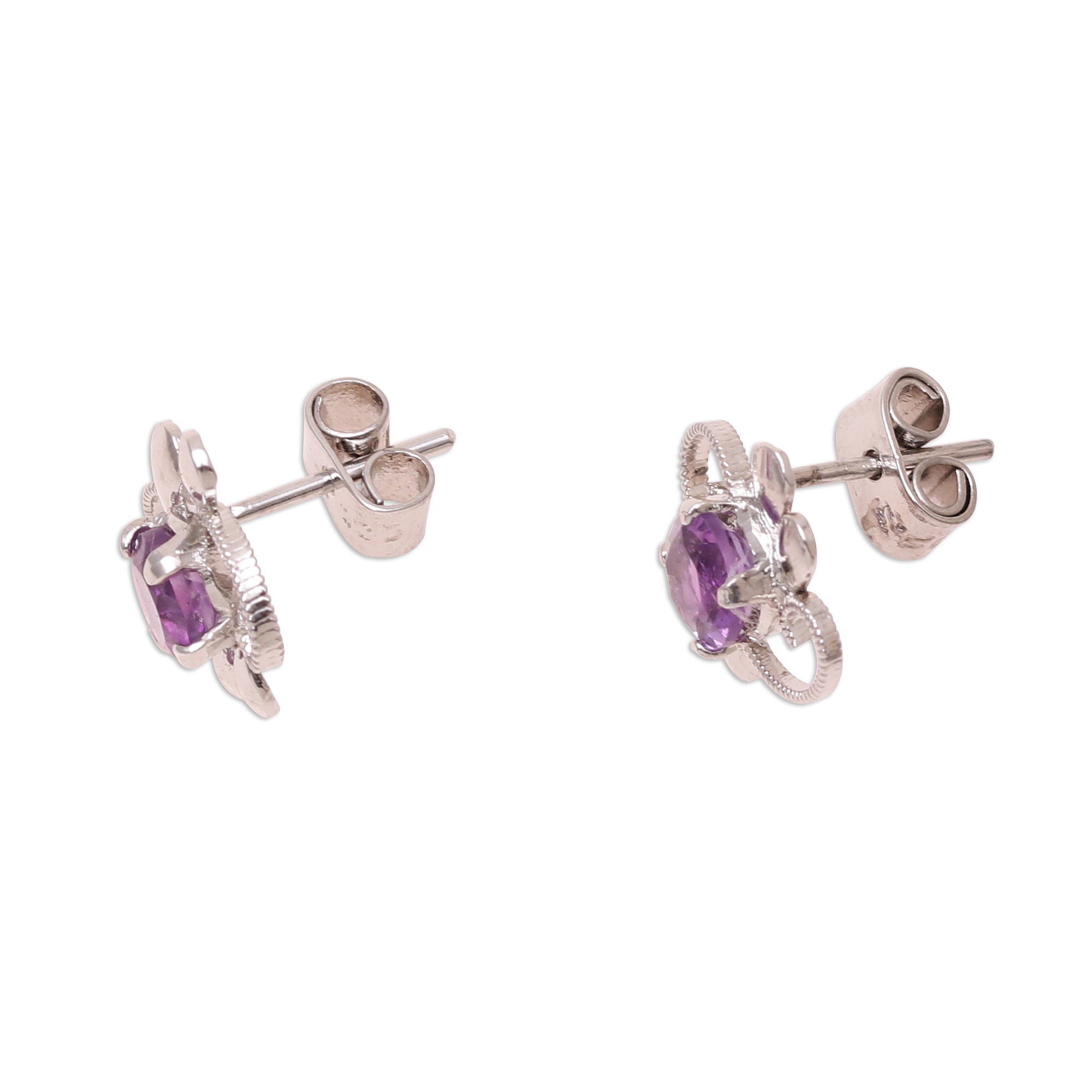 Premium Glittering Purple Amethyst Stud Earrings – Handcrafted Rhodium-Plated Sterling Silver