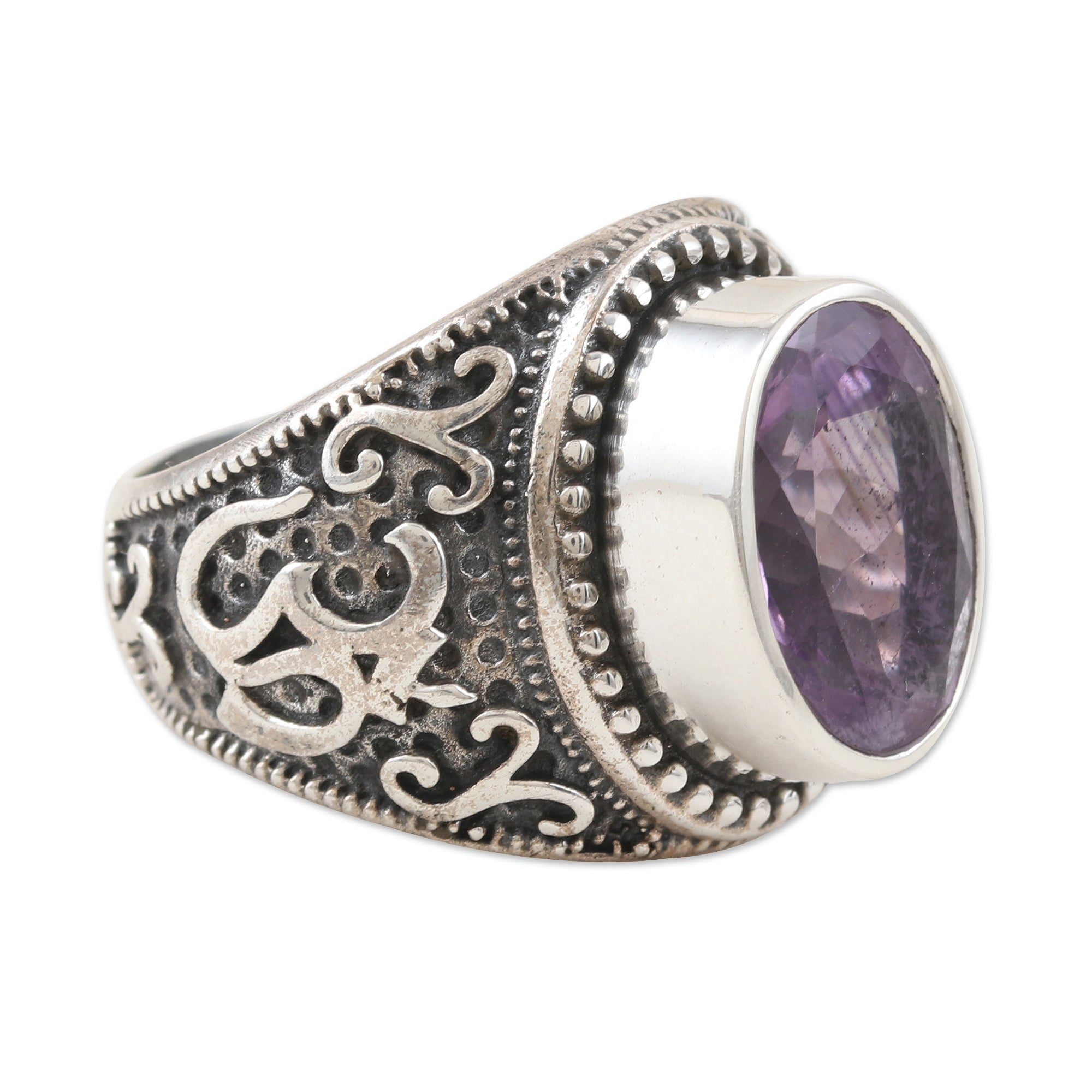 Premium Om Glitter Amethyst Ring – Handcrafted Sterling Silver Jewelry from India