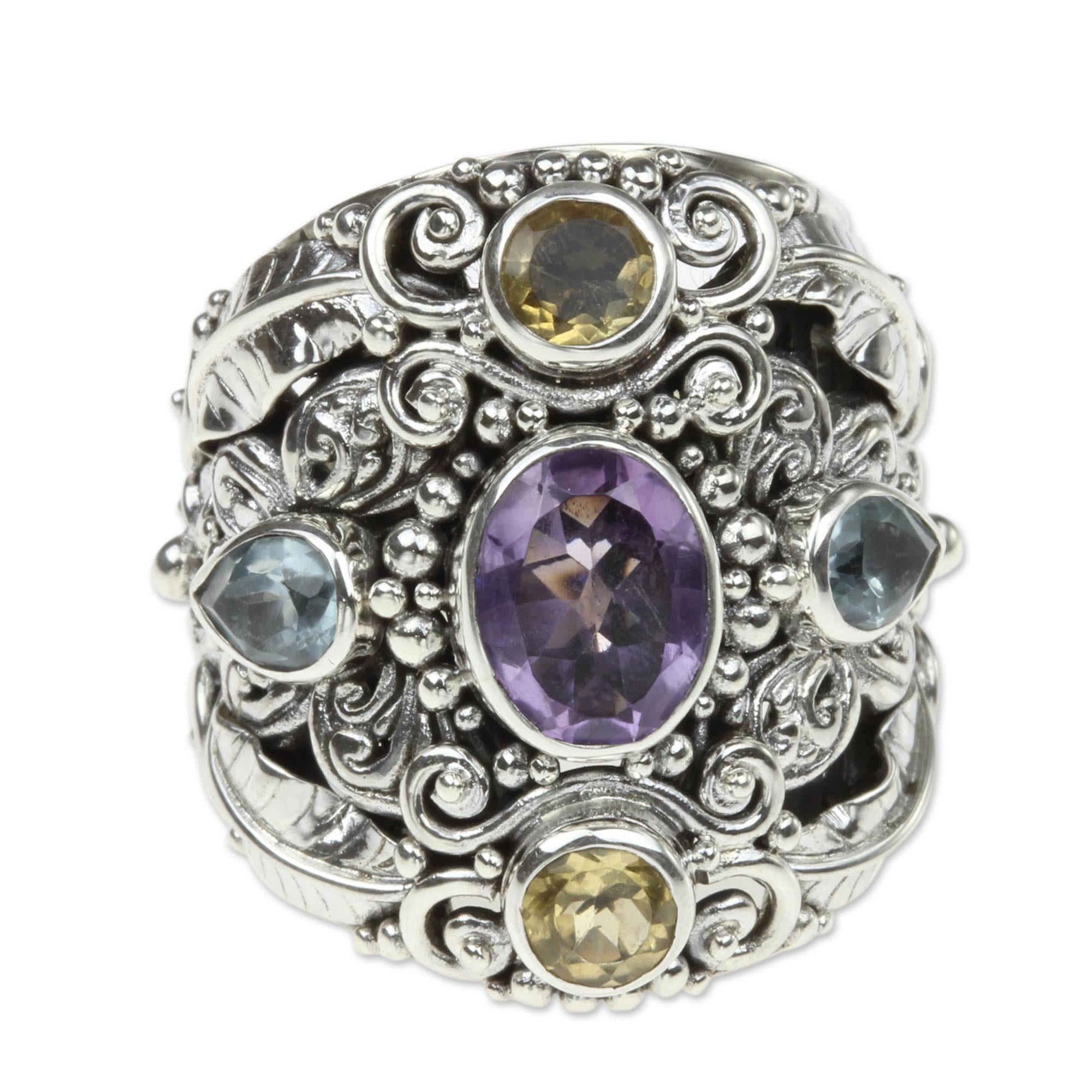 Premium Butterfly Queen Cocktail Ring: Amethyst & Blue Topaz Sterling Silver Design