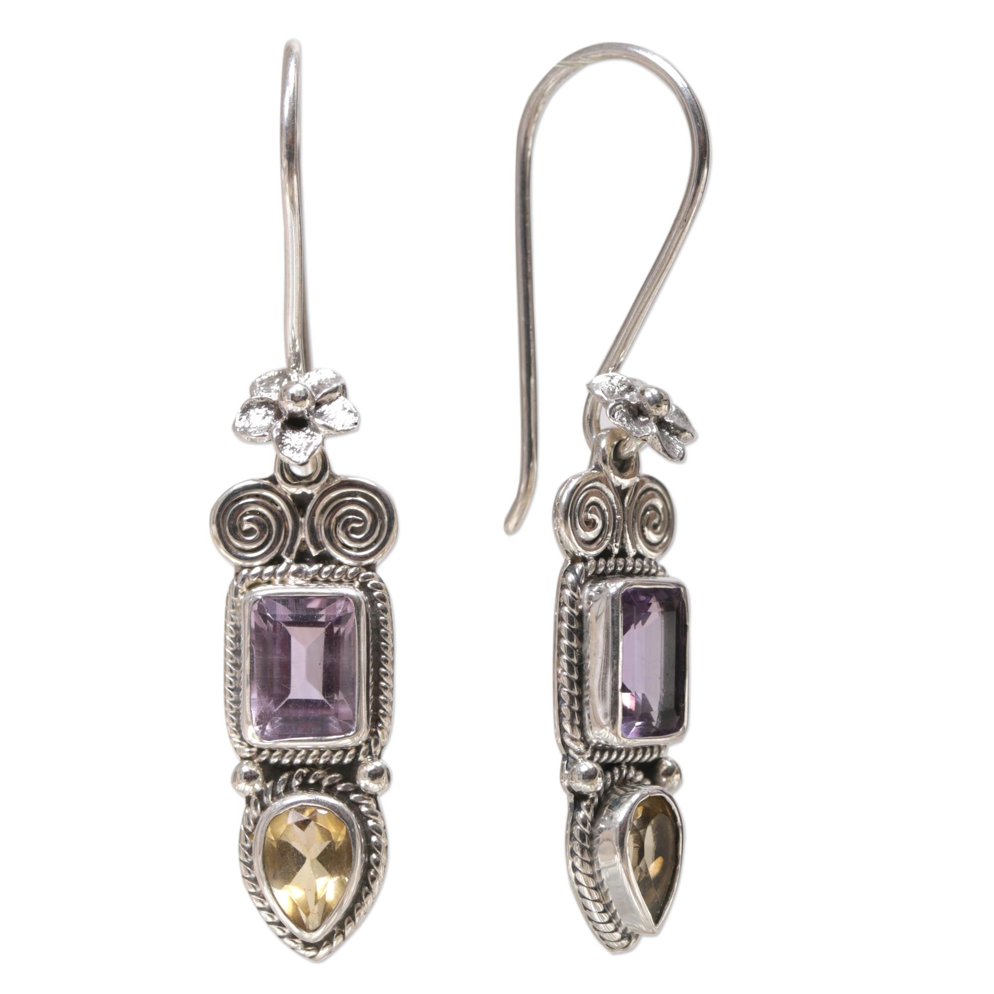 Premium Handmade Sterling Silver Dangle Earrings with Amethyst & Citrine