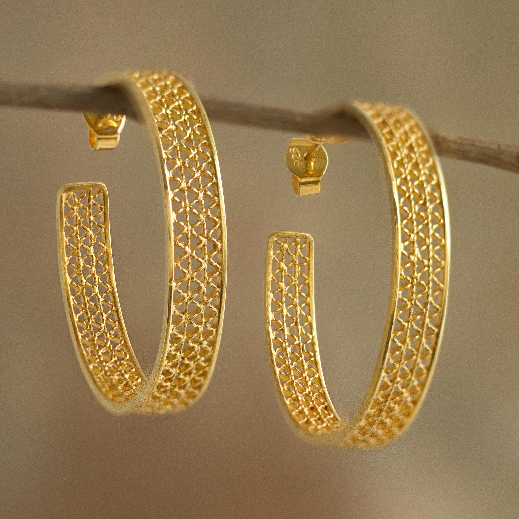 Premium 21k Gold Plated Filigree Half-Hoop Earrings - Handcrafted Peruvian Jewelry