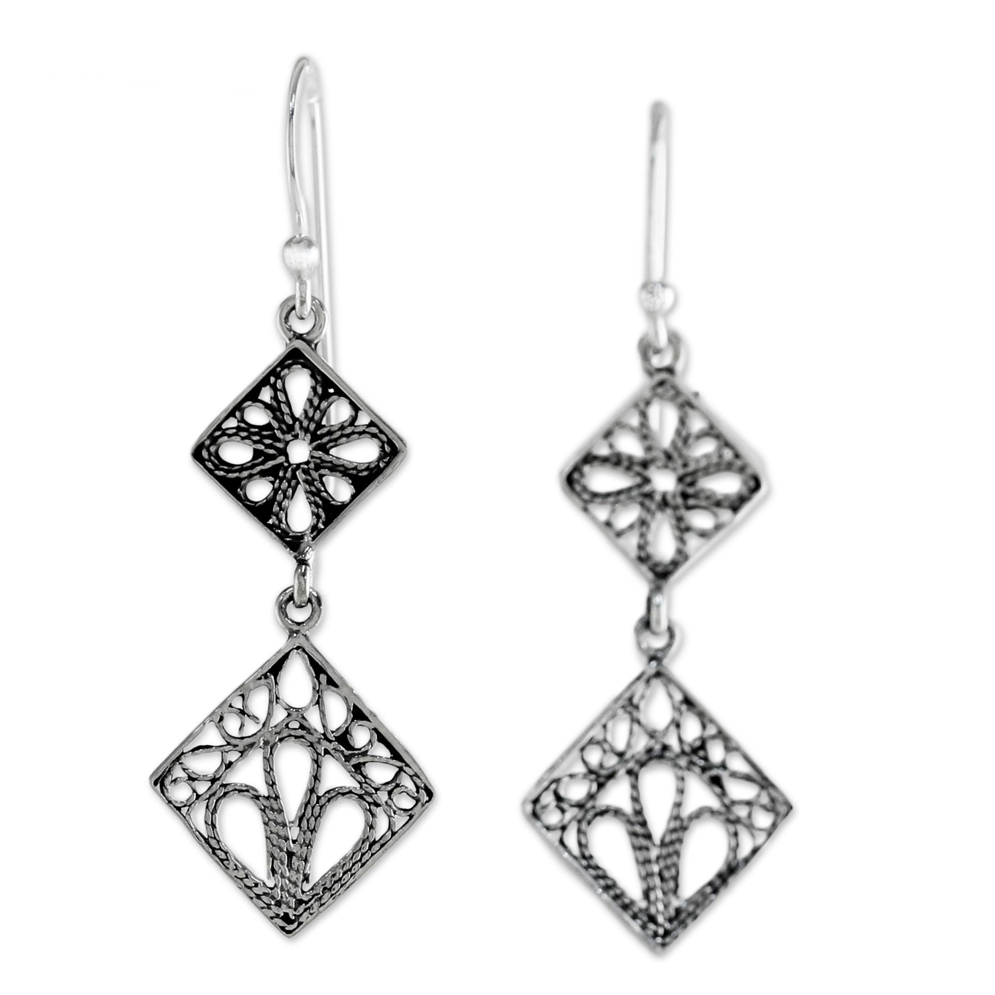 Premium Sterling Silver Filigree Square Dangle Earrings - Elegant & Versatile