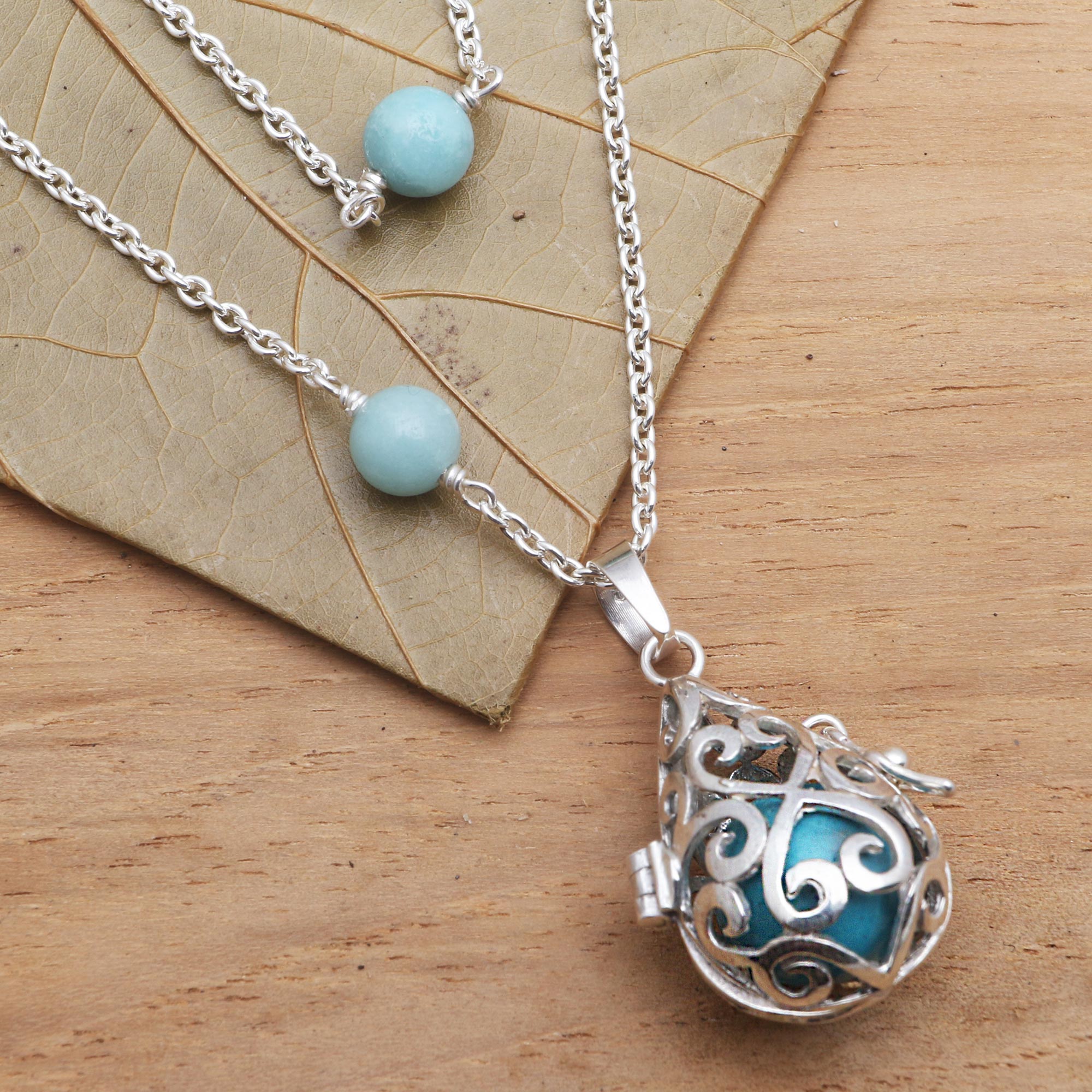 Premium Angel Chime Necklace - Blue Enamel & Amazonite Harmony Ball