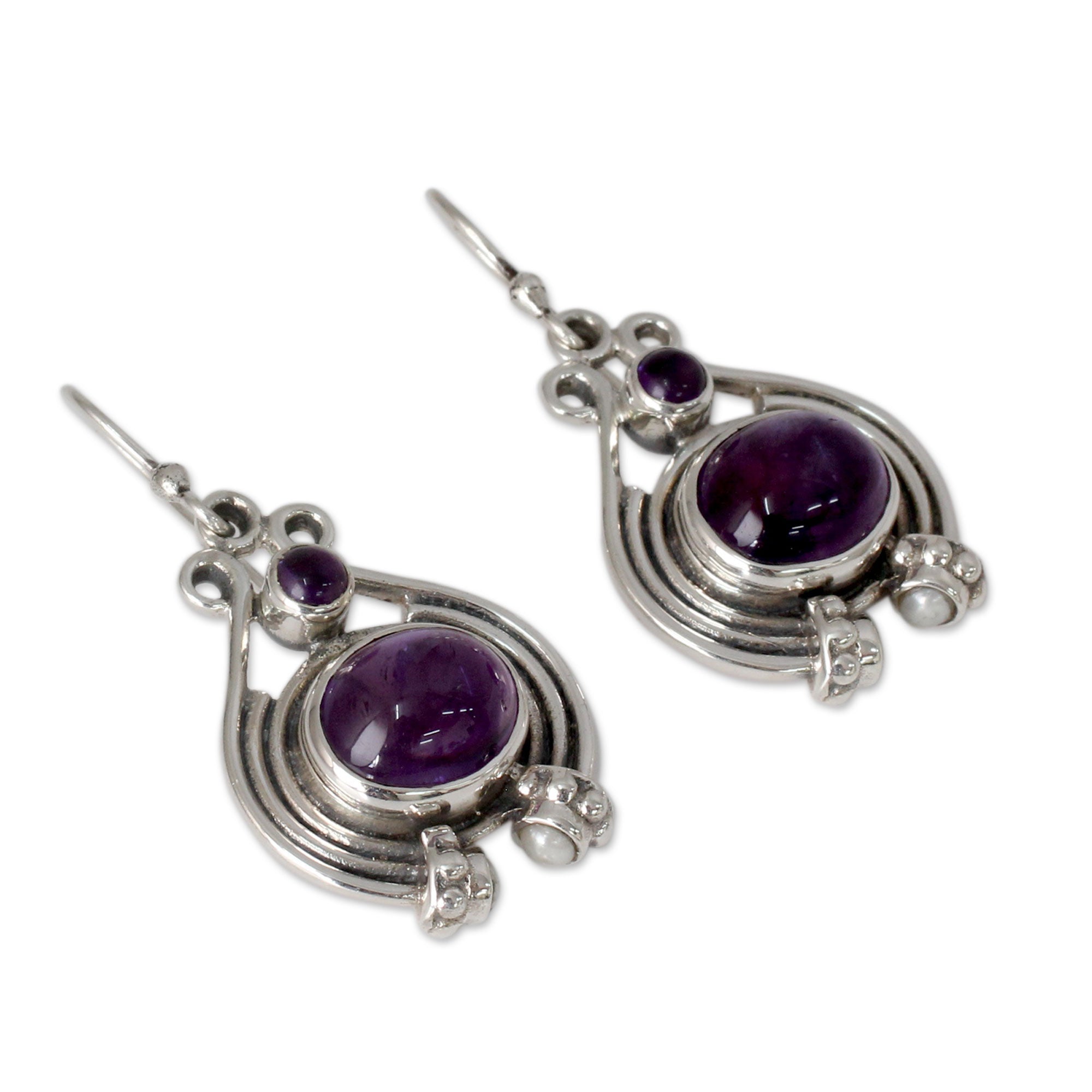 Premium Twilight Glow Amethyst & Pearl Sterling Silver Dangle Earrings