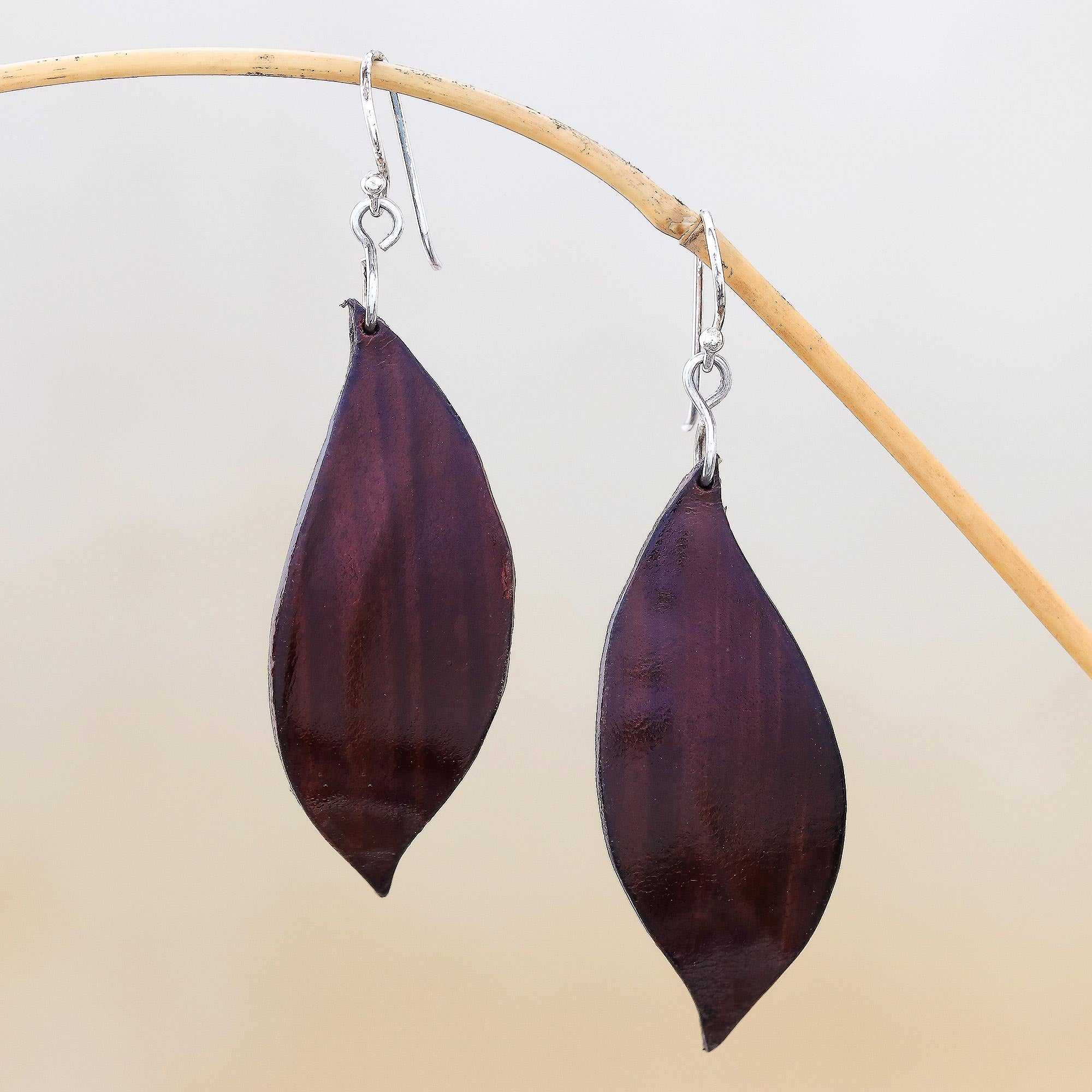 Premium Brown Leaf-Shaped Leather Dangle Earrings – Handcrafted in Thailand