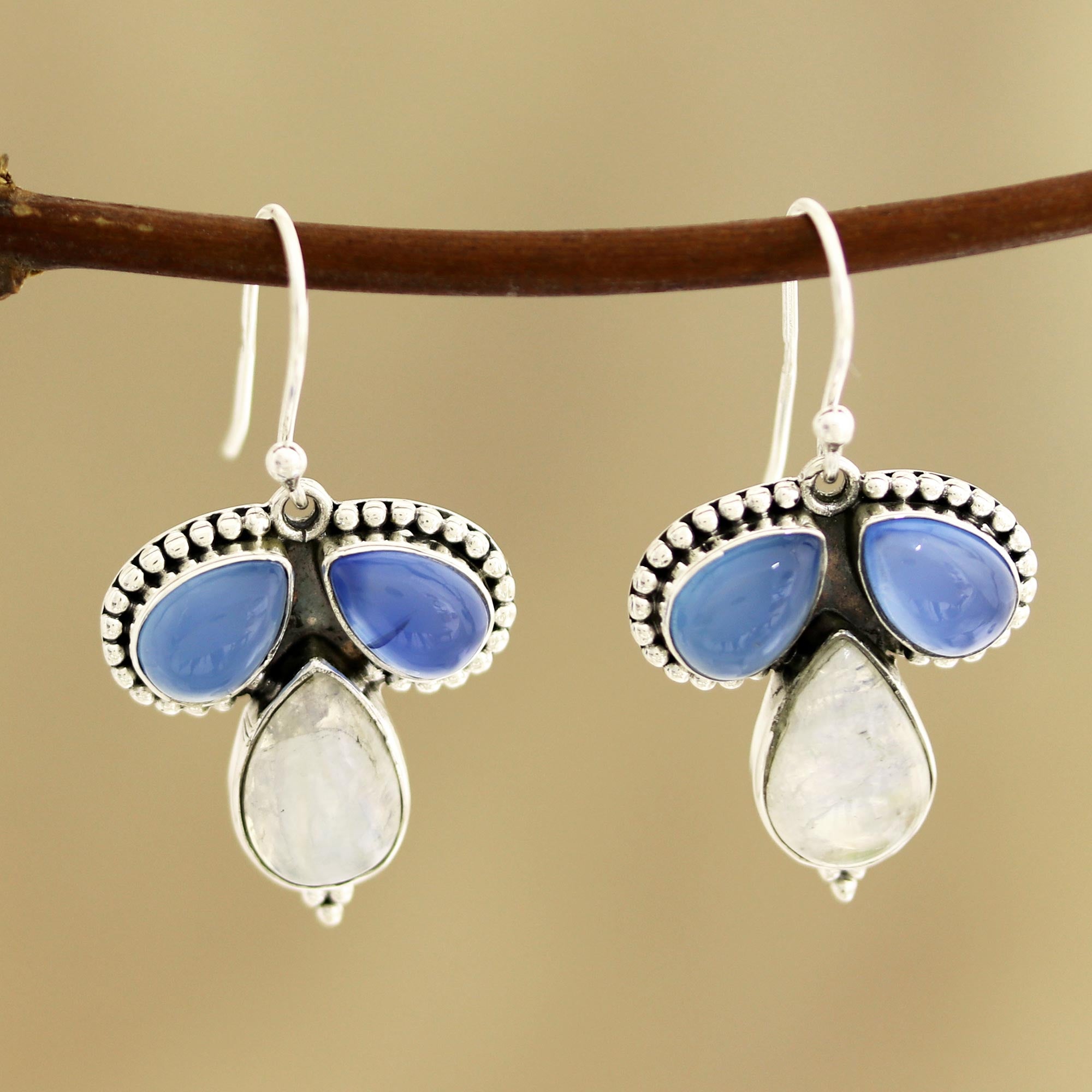 Premium Trio Teardrop Earrings – Blue Chalcedony & Rainbow Moonstone