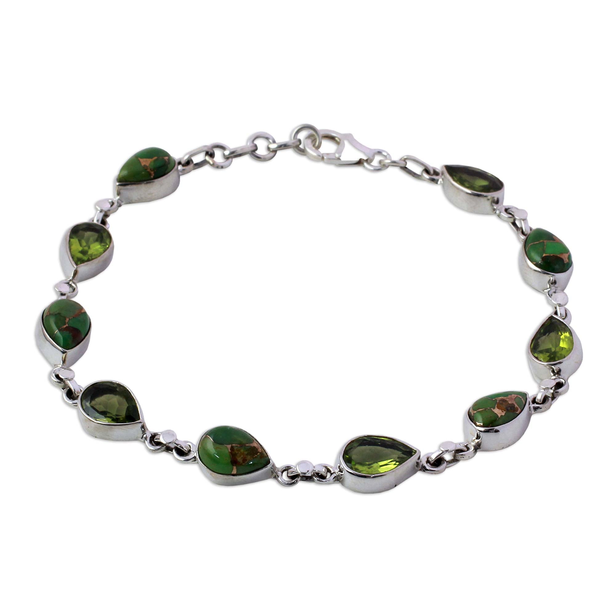 Premium Peridot & Turquoise Sterling Silver Bracelet - Handcrafted in India