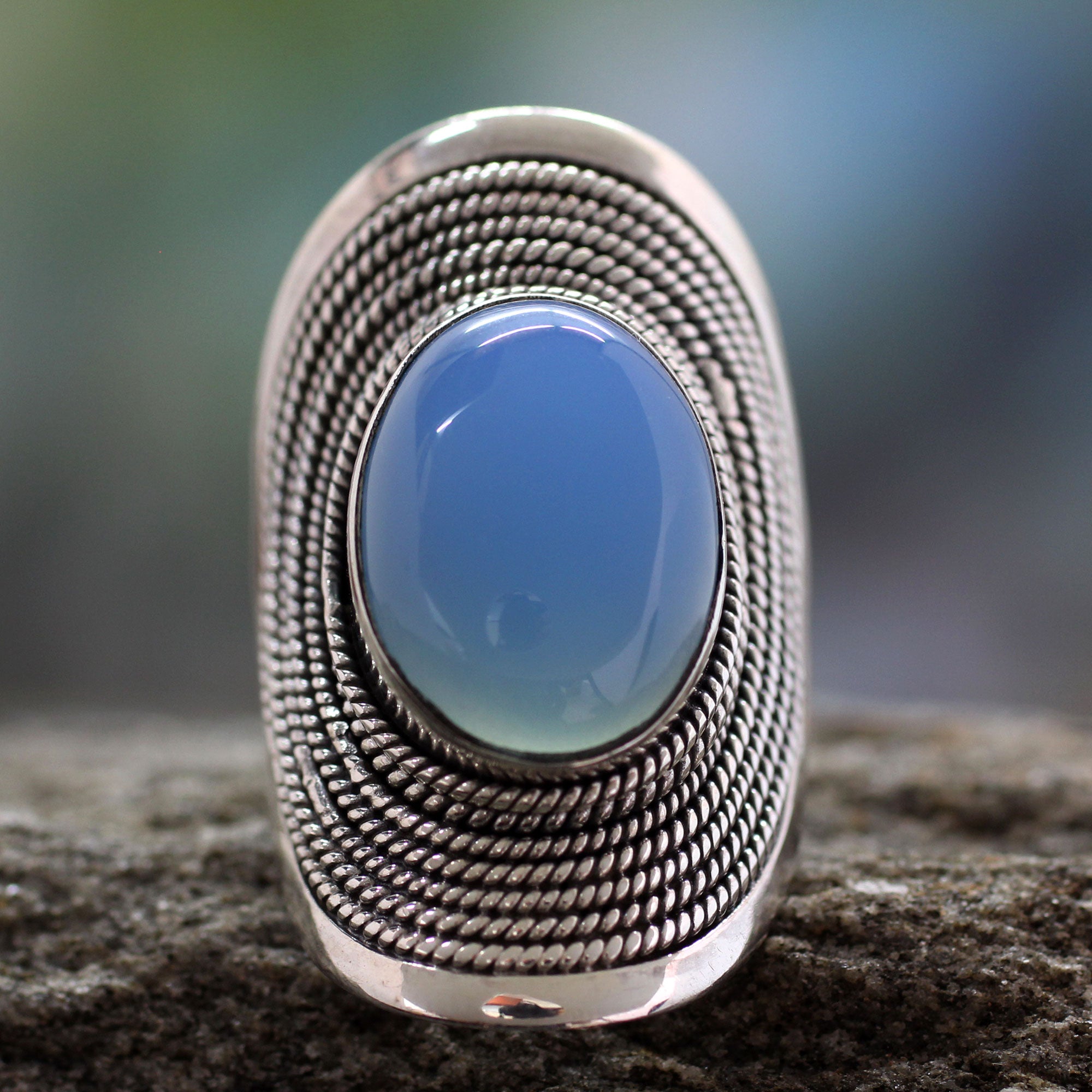 Premium Jaipur Skies Sterling Silver Chalcedony Ring – Handcrafted Elegance from India