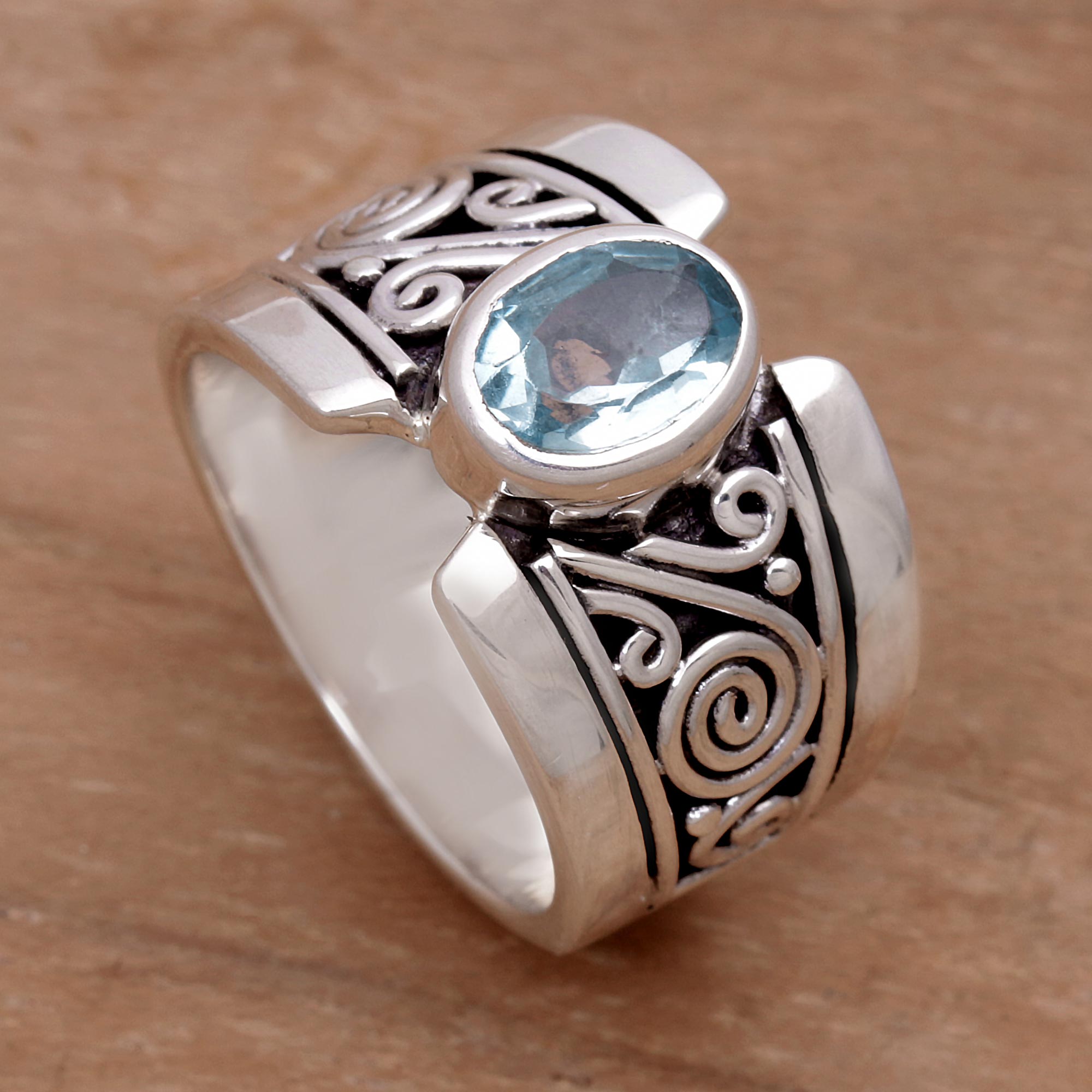 Premium Blue Karma Sterling Silver Ring with Blue Topaz - Artisan Crafted in Bali