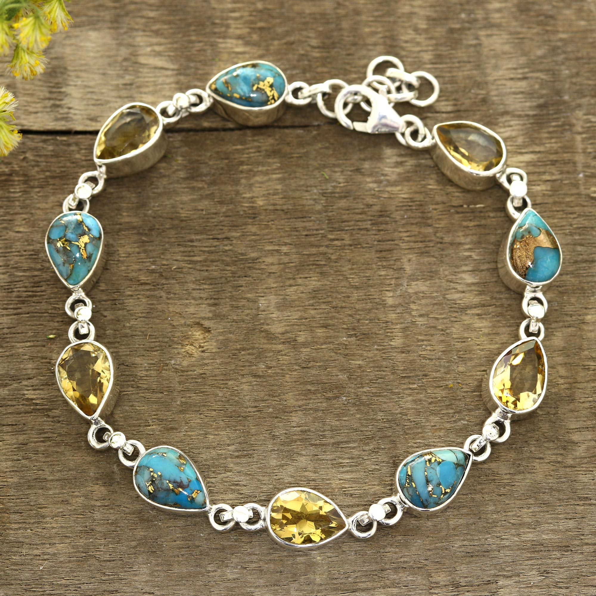 Premium Citrine & Turquoise Link Bracelet - Handcrafted Sterling Silver Jewelry