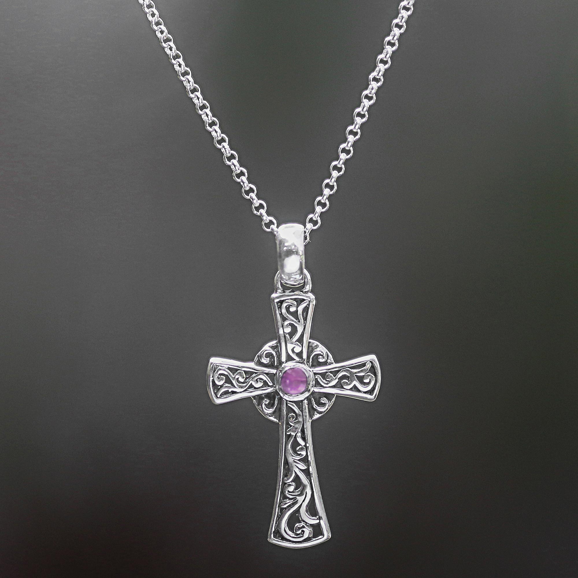 Premium Sterling Silver Amethyst Cross Pendant Necklace - Handcrafted in Indonesia