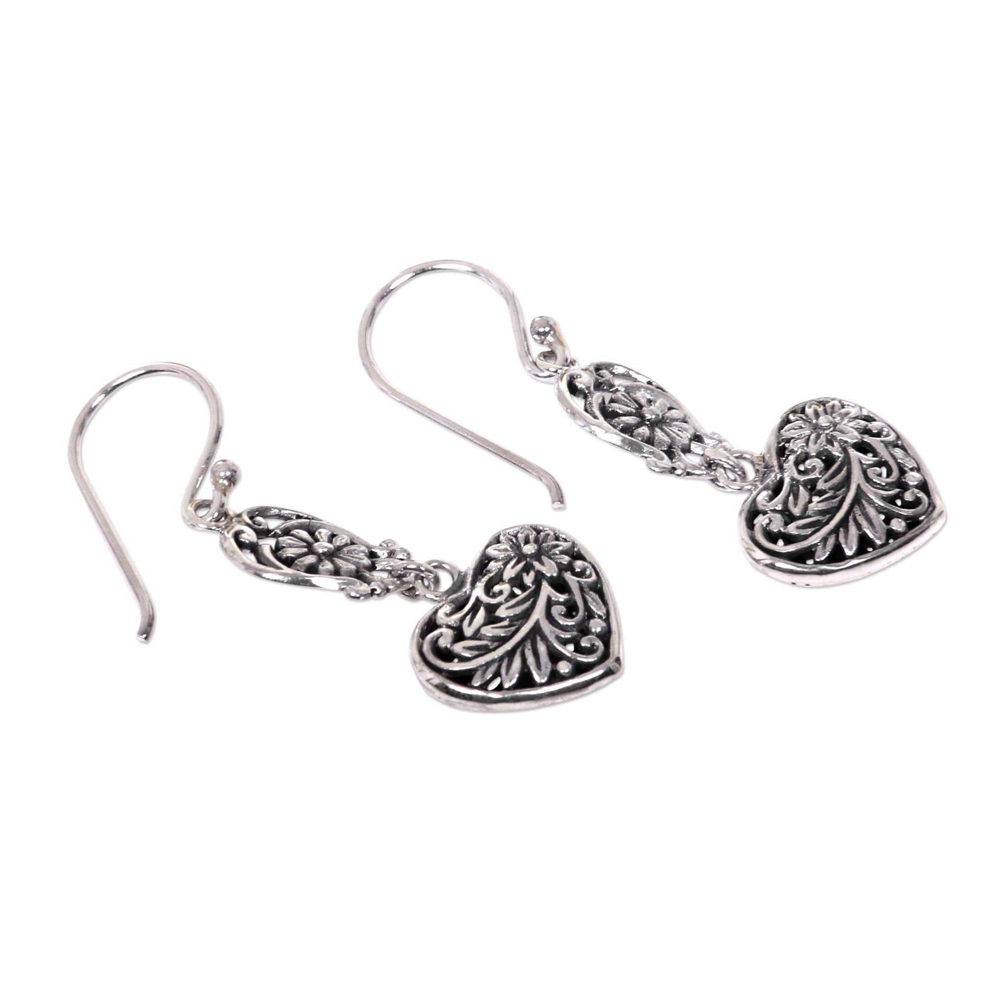 Premium Blooming Hearts Sterling Silver Dangle Earrings - Handcrafted in Bali