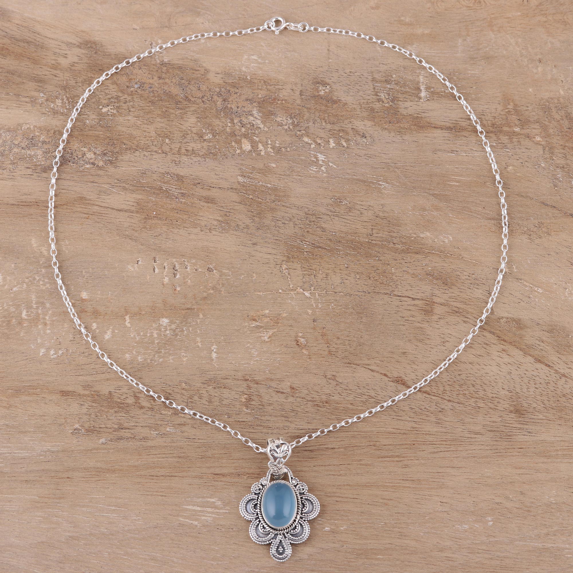 Premium Blue Antique Radiance Necklace – Handcrafted Sterling Silver & Chalcedony