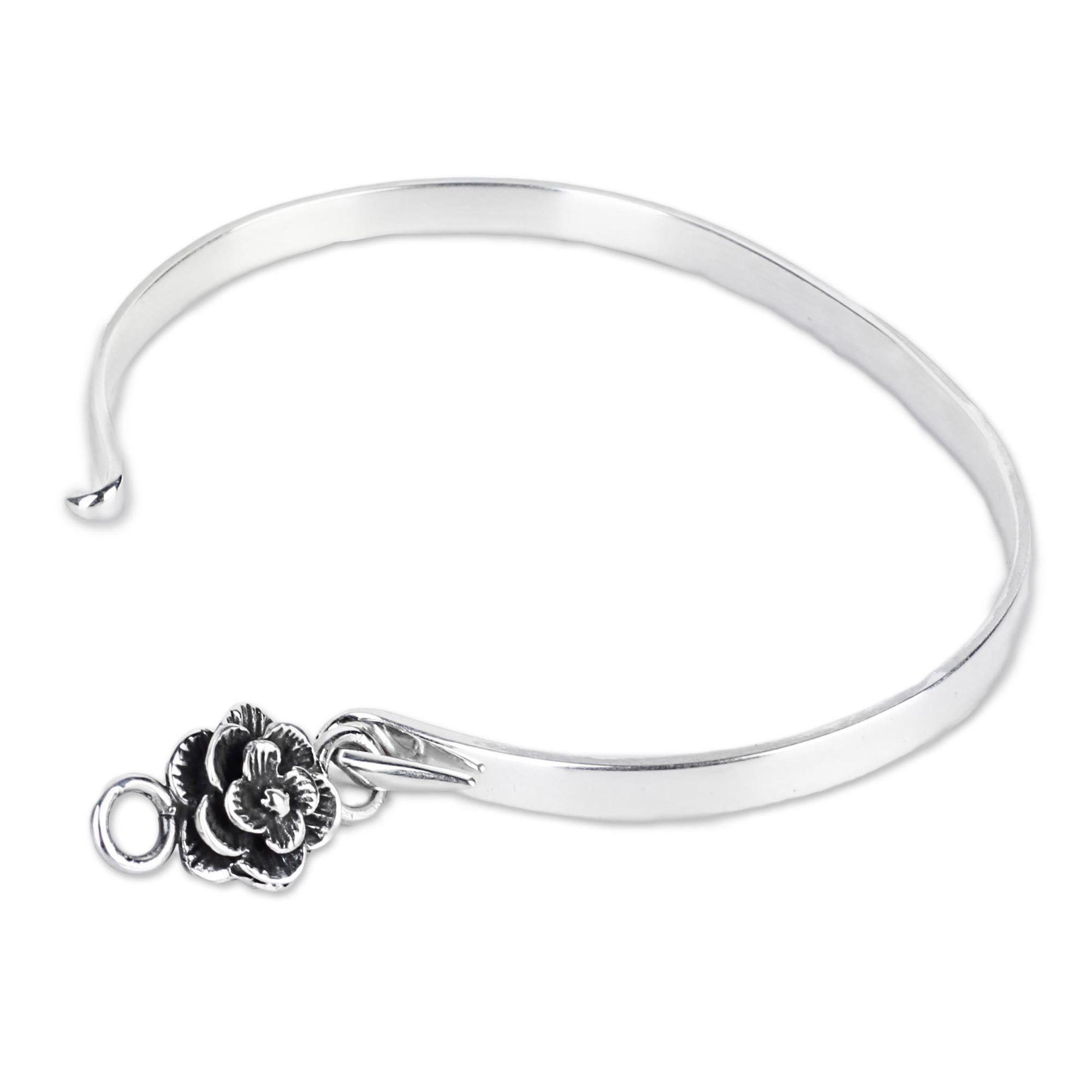 Premium Rose Beauty Sterling Silver Bangle Bracelet - Handcrafted Elegance