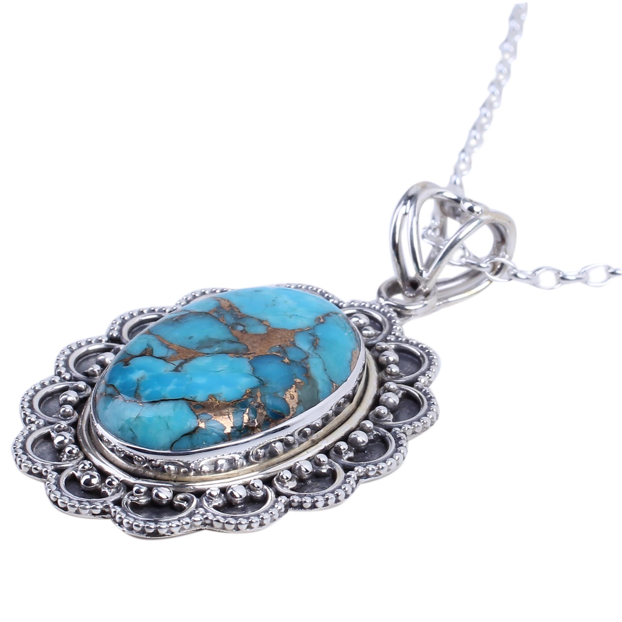 Premium Royal Halo Composite Turquoise Pendant Necklace - Handcrafted Sterling Silver Jewelry