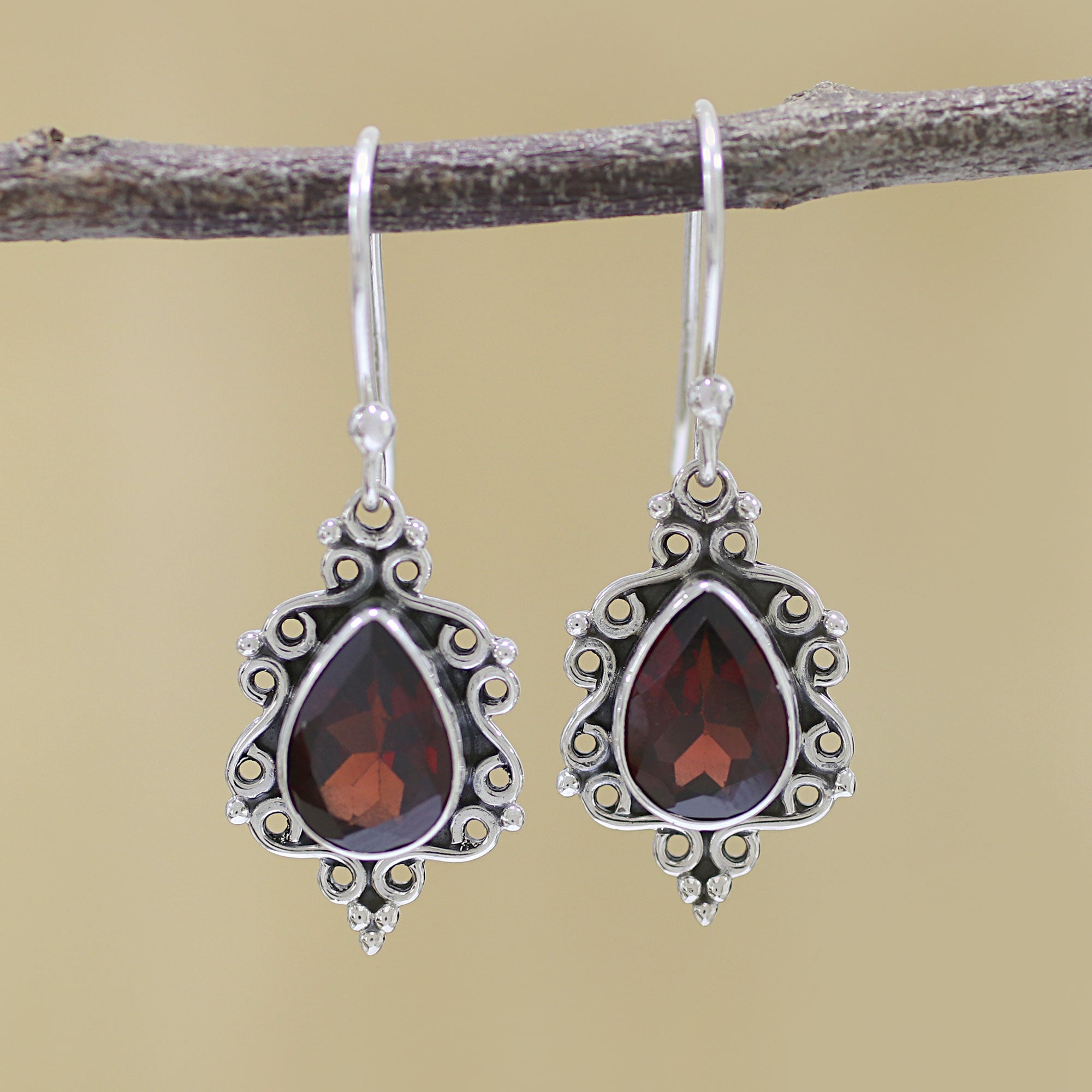 Premium Sterling Silver & Garnet Dangle Earrings - Handcrafted in India