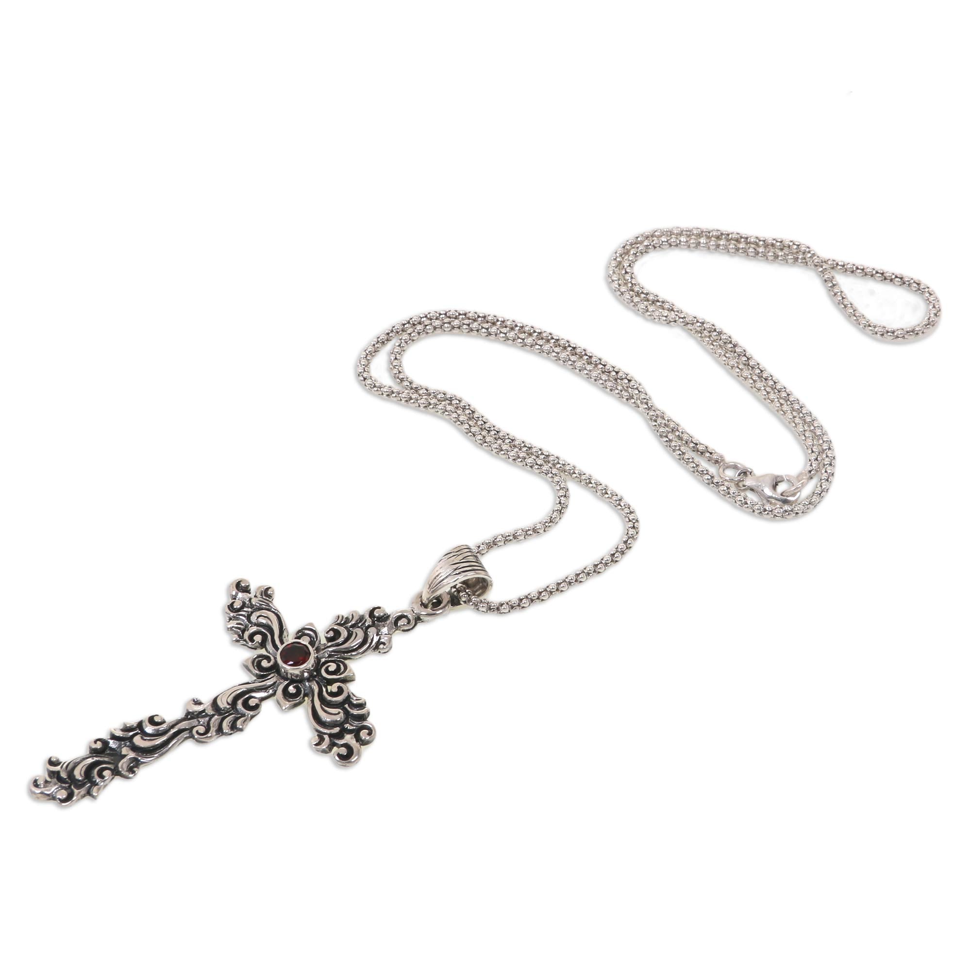 Premium Balinese Floral Sterling Silver Necklace with Garnet Cross Pendant