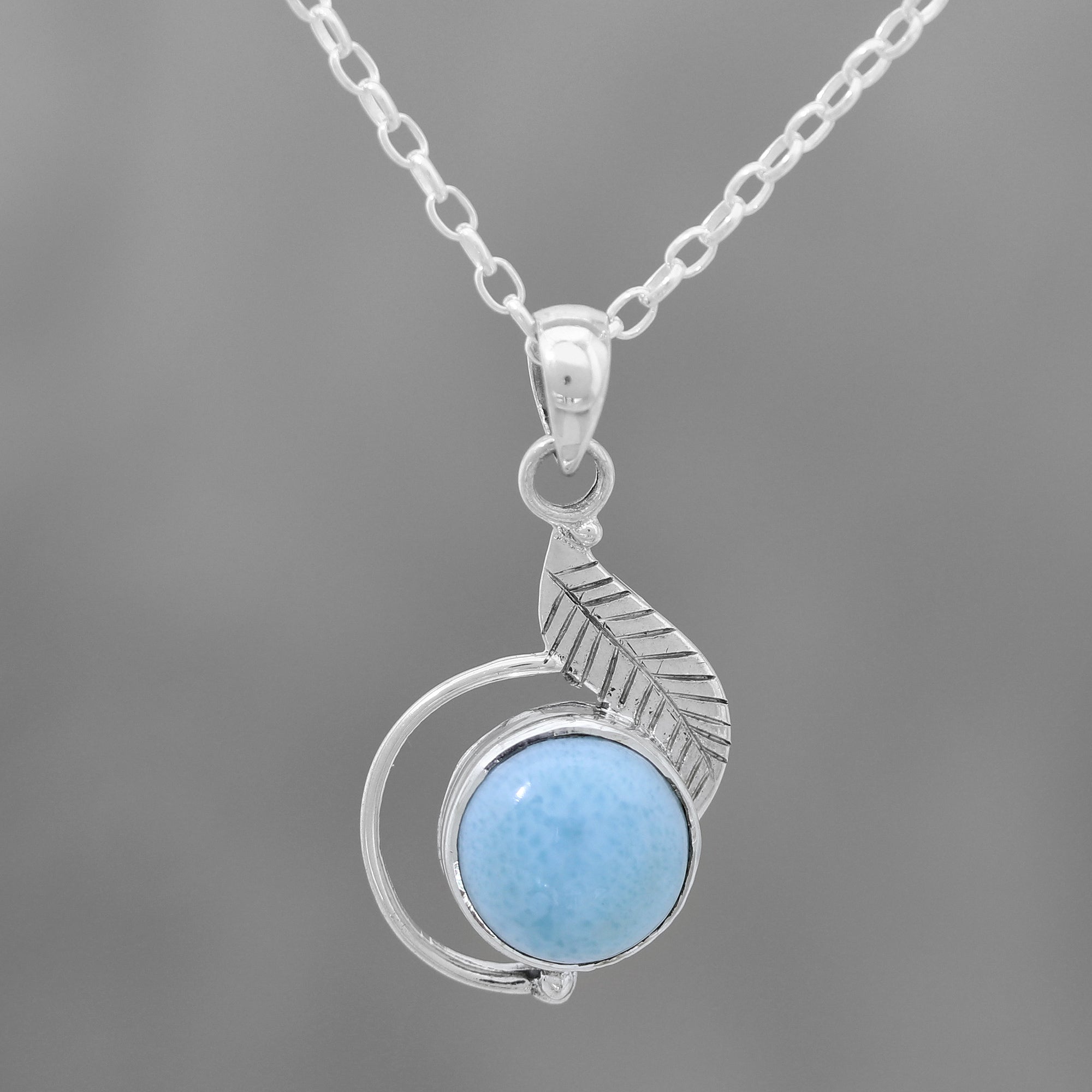 Premium Larimar Leaf Pendant Necklace - Handcrafted Sterling Silver Jewelry