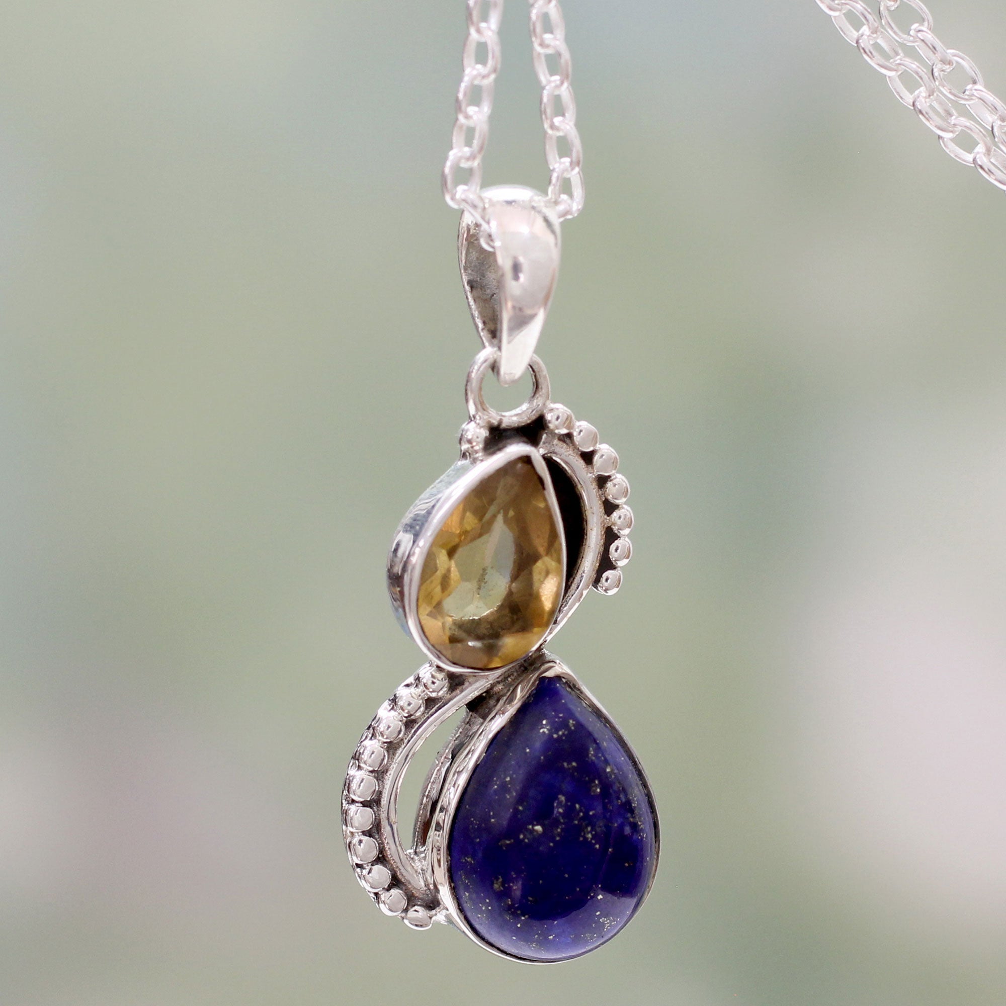 Premium Two Teardrops Citrine & Lapis Lazuli Necklace