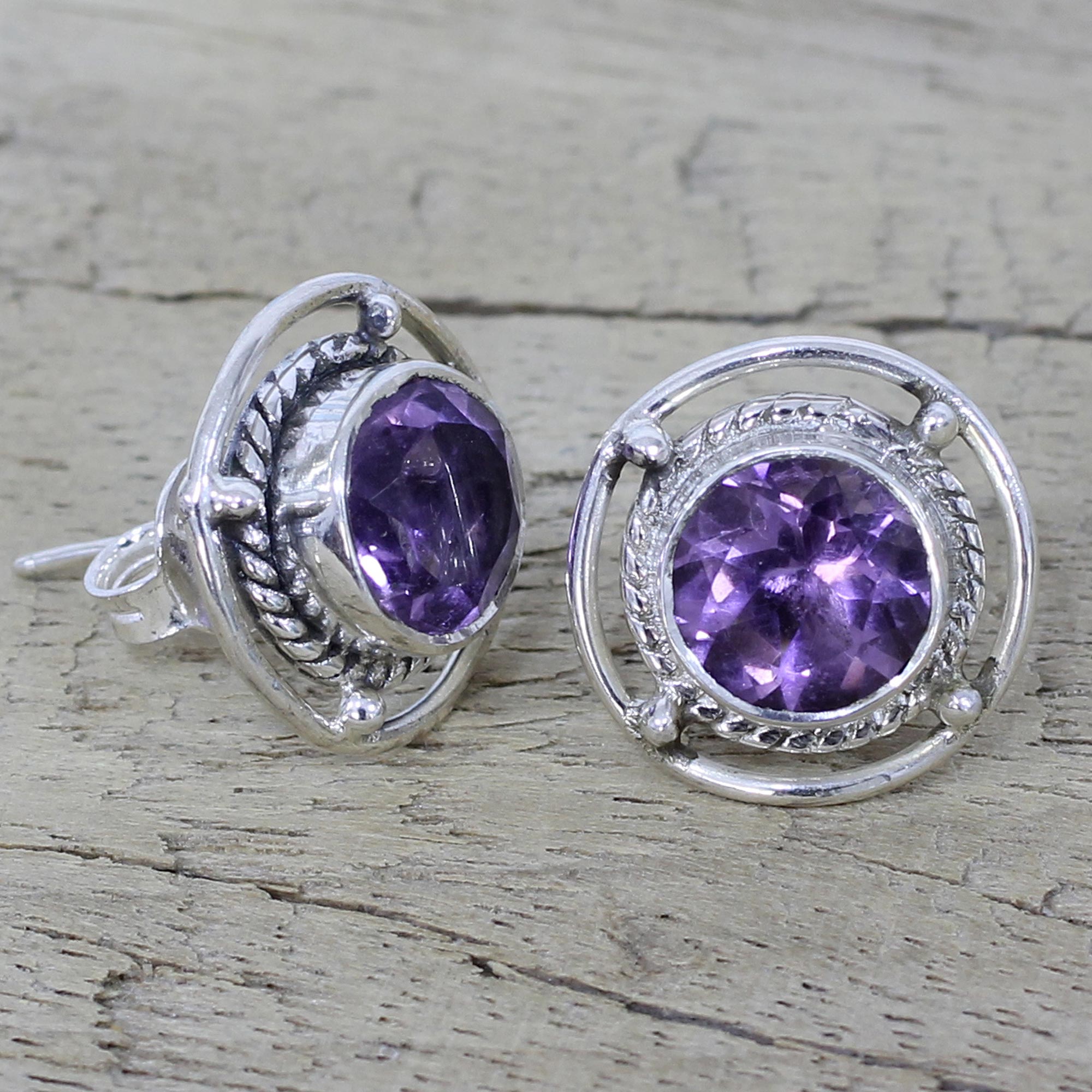 Premium Amethyst Wheel Stud Earrings – Handmade Sterling Silver