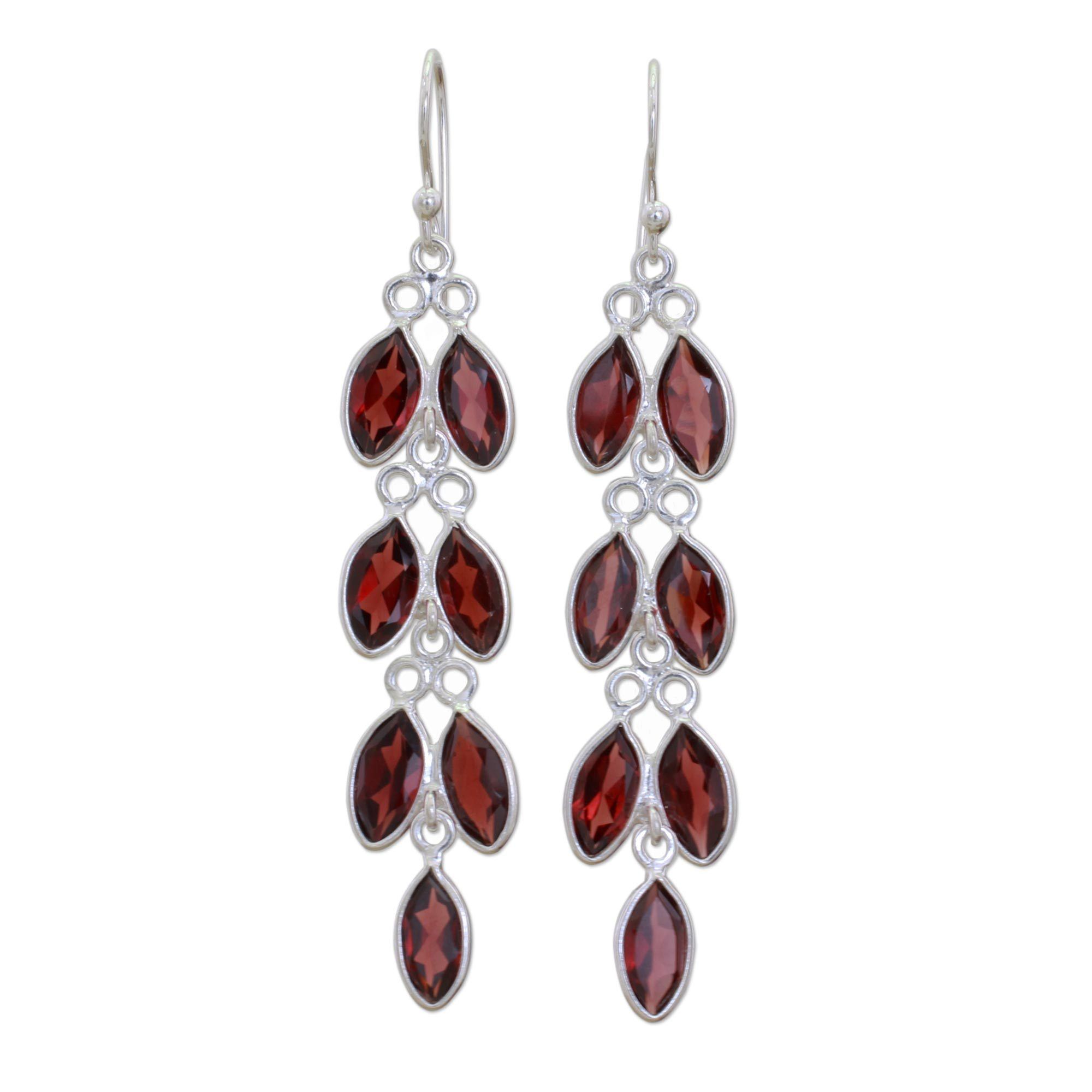 Premium Garnet Leaf Dangle Earrings - Handmade Sterling Silver Jewelry