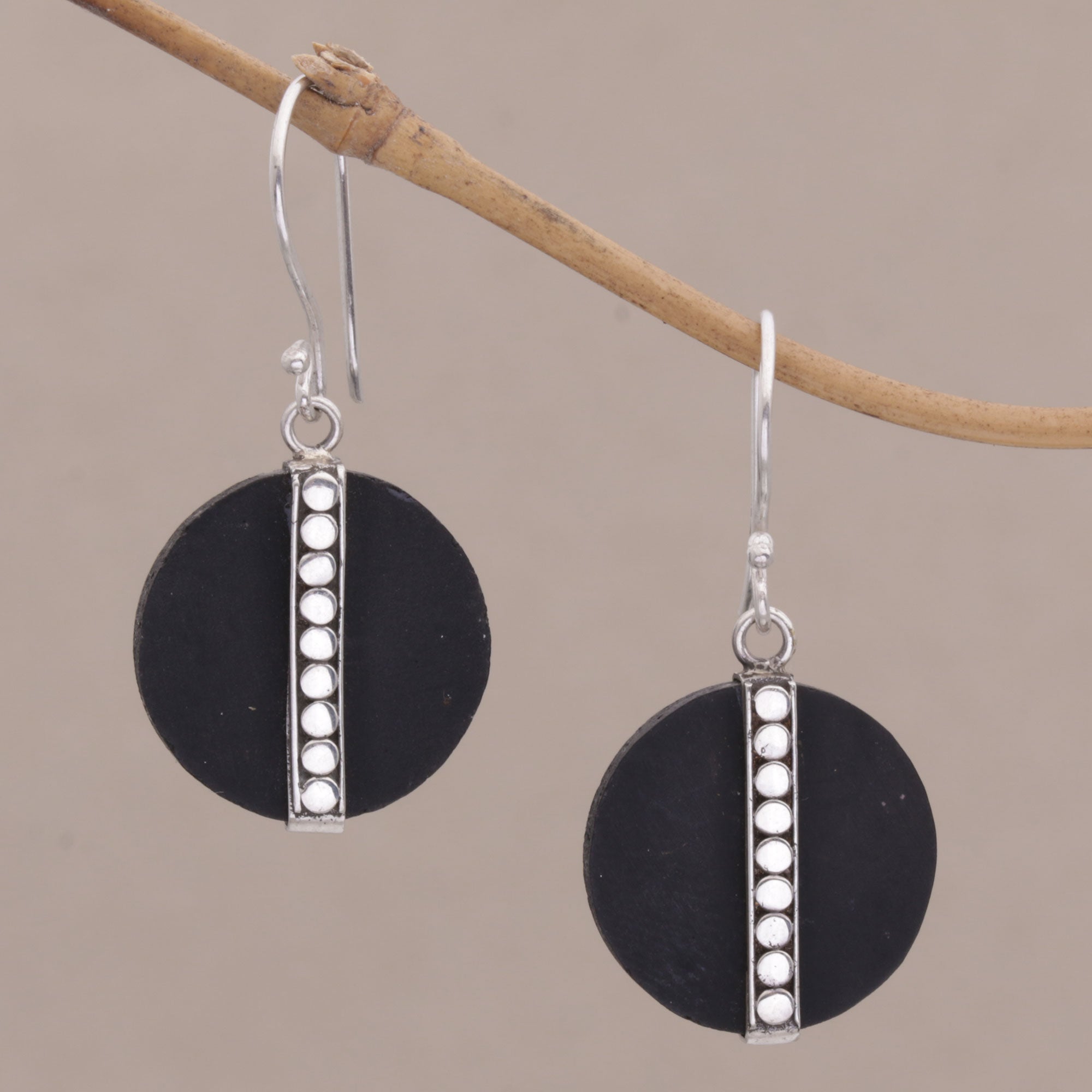 Premium Balinese Lava Stone Dangle Earrings with Sterling Silver Dot Motif