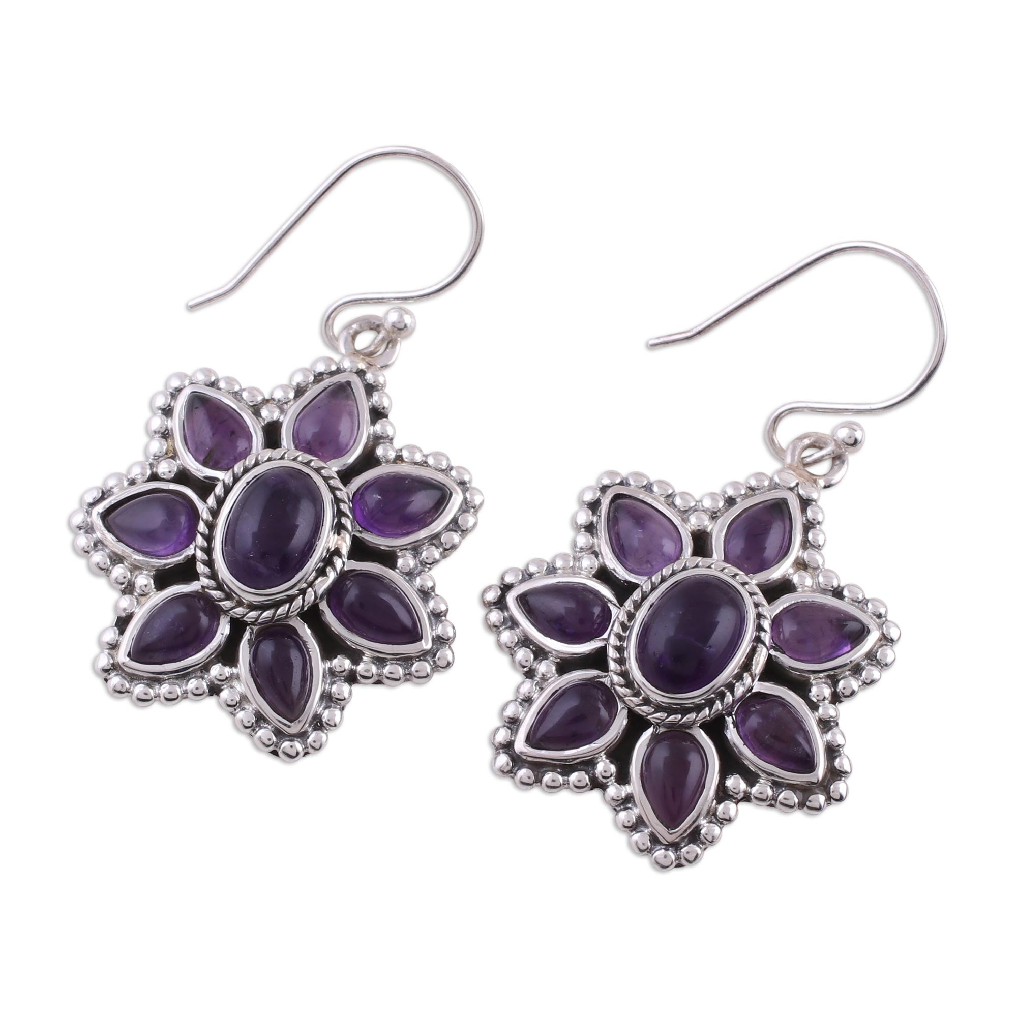 Premium Amethyst Blossom Sterling Silver Dangle Earrings | Unique Floral Design