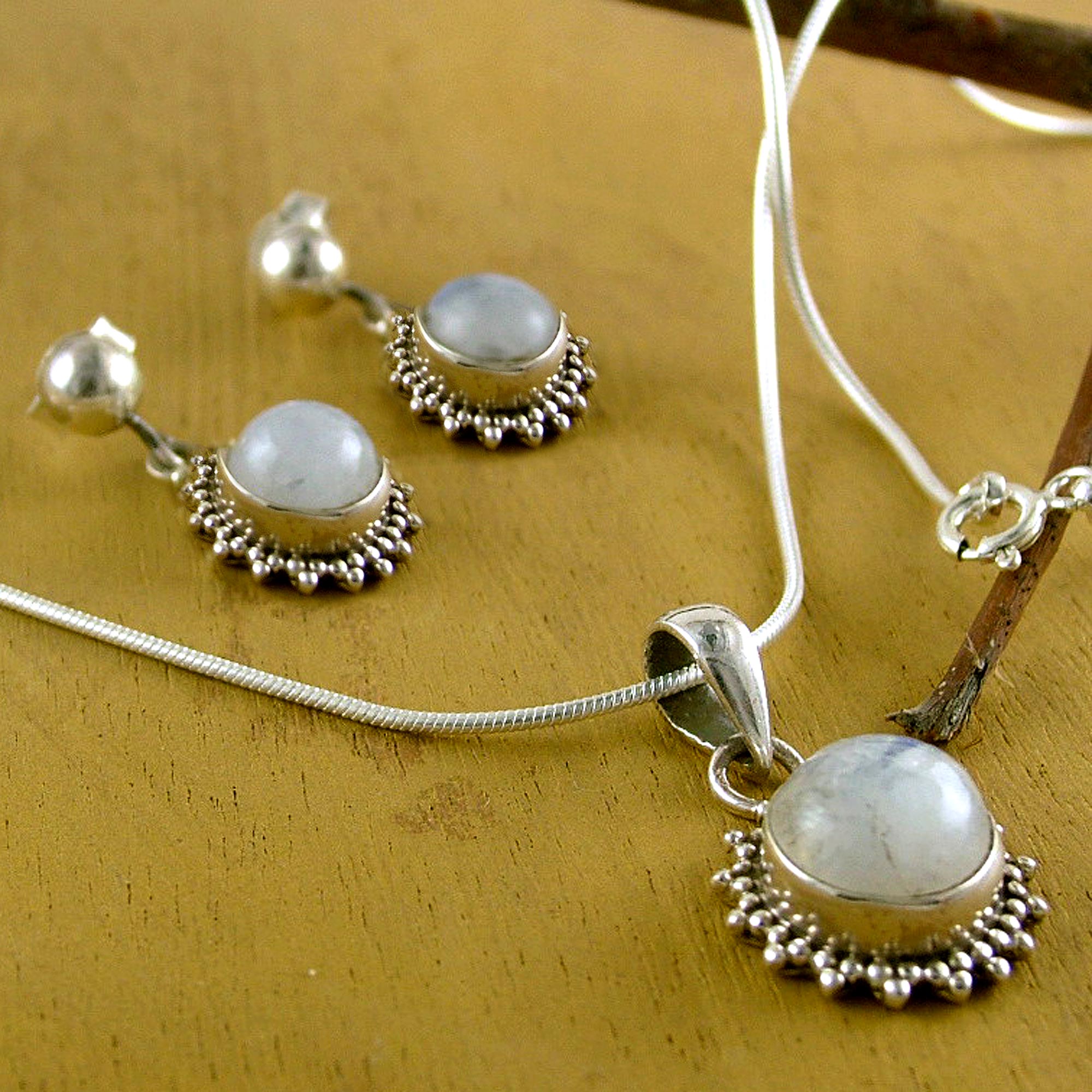 Premium Goddess Moonstone & Sterling Silver Jewelry Set - Handmade in India