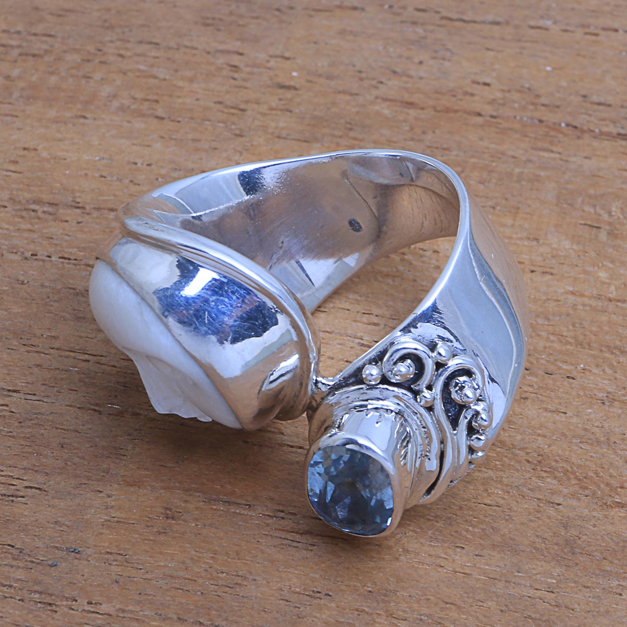 Premium Blue Topaz & Cow Bone Cocktail Ring – Handcrafted Sterling Silver Jewelry