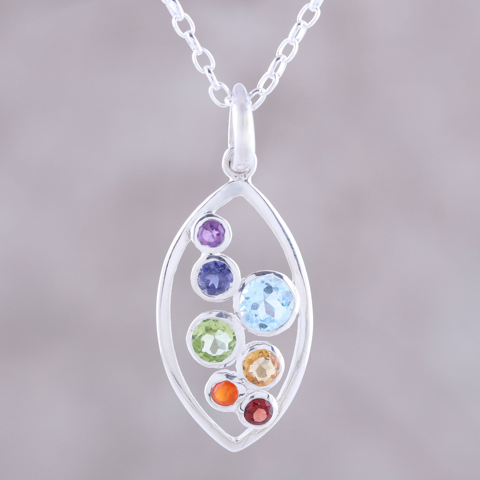 Ultimate Rainbow Multi-Gemstone Sterling Silver Pendant Necklace