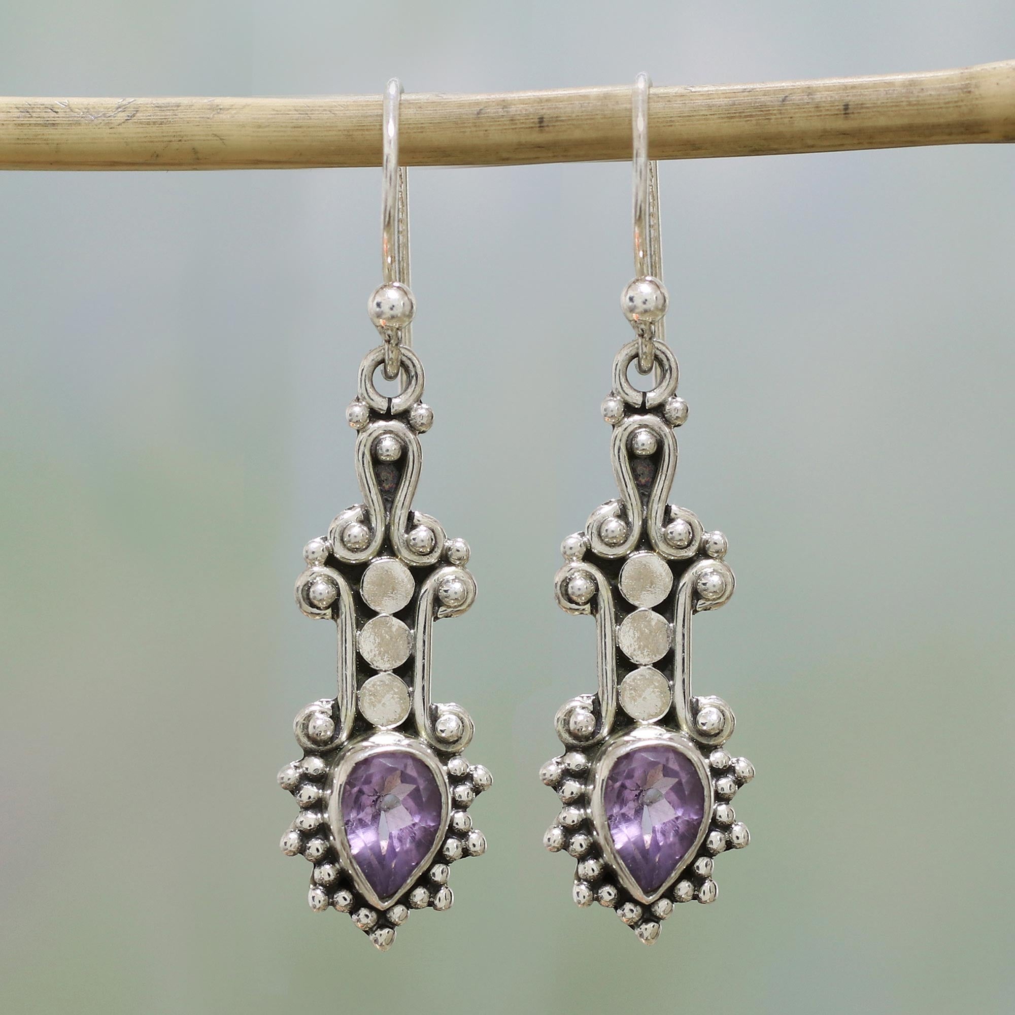 Premium Teardrop Amethyst Sterling Silver Dangle Earrings - Handcrafted in India