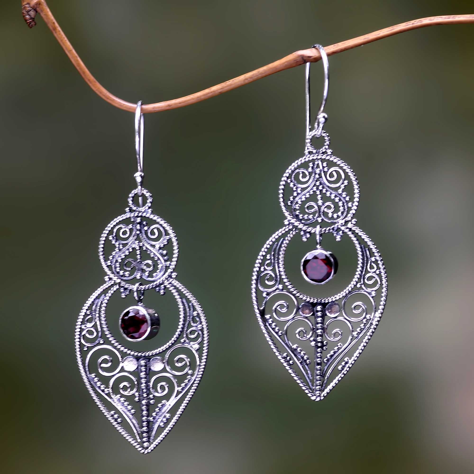 Premium Majapahit Elegance: Balinese Sterling Silver Dangle Earrings with Garnet