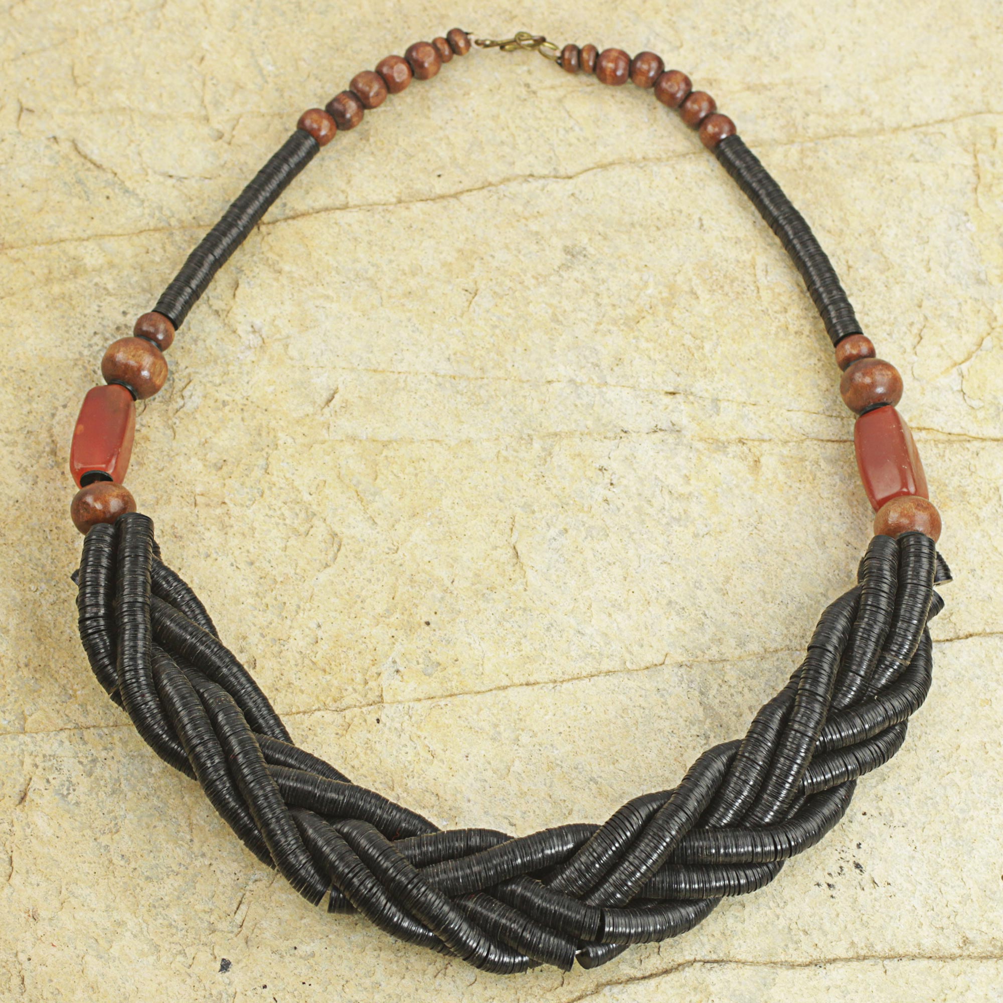 Premium Sosongo Black Handcrafted Beaded Necklace with Wood & Agate Accents