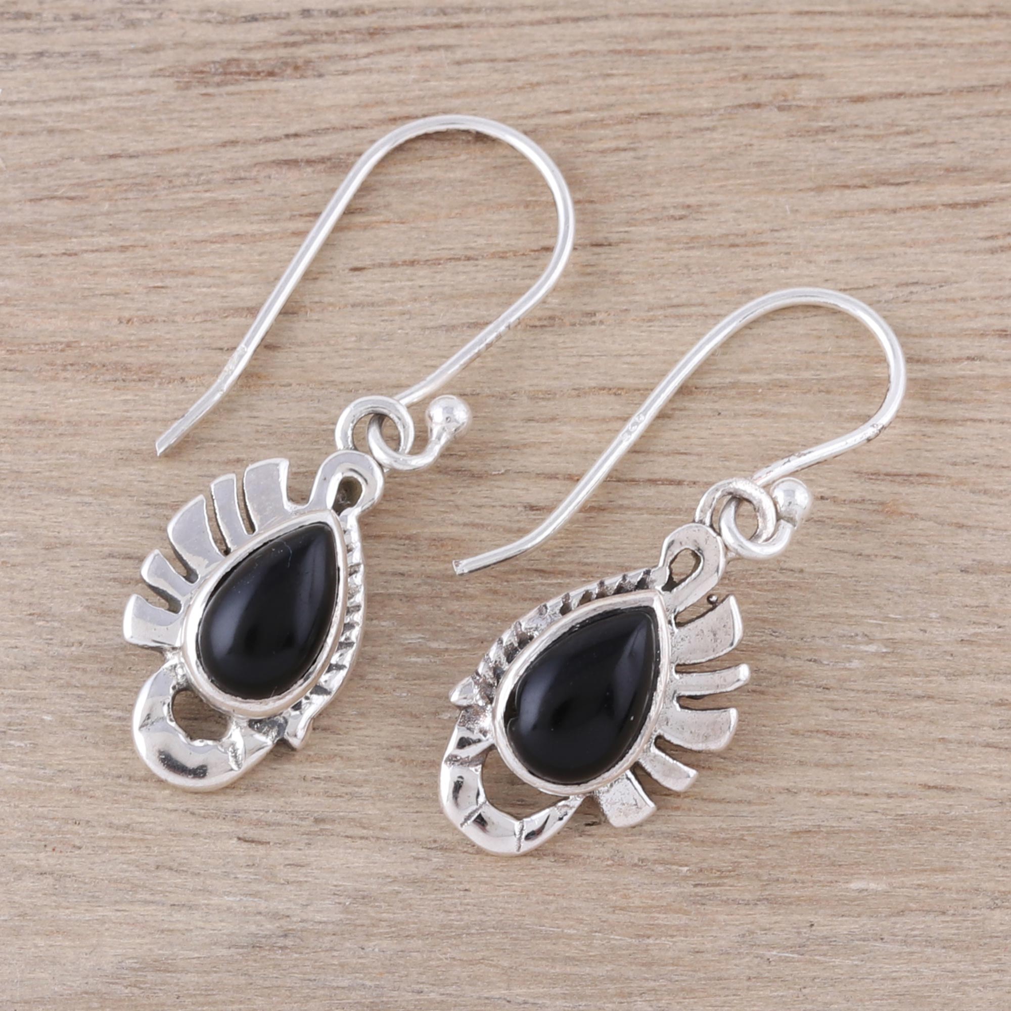 Premium Feather Bliss Teardrop Onyx Dangle Earrings - Handcrafted in India