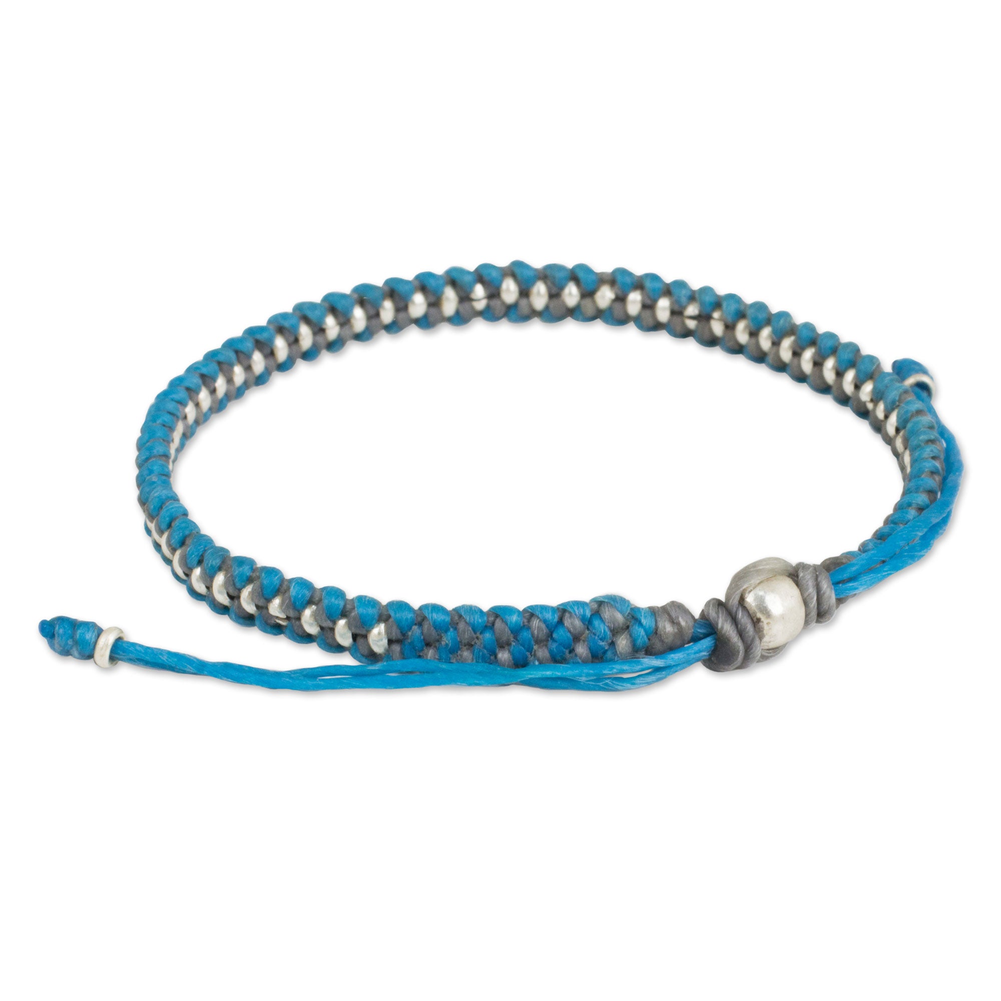 Premium Handcrafted Blue Grey Macrame Bracelet with Hill Tribe Silver Beads